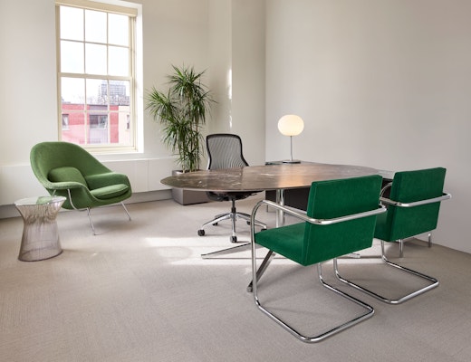 MillerKnoll Toronto Showroom with Brno Chairs, Saarinen Oval Table, Womb Chair, and Platner Side Table MillerKnoll Toronto Showroom Brno Chair Saarinen Oval Table Womb Chair Platner Side Table