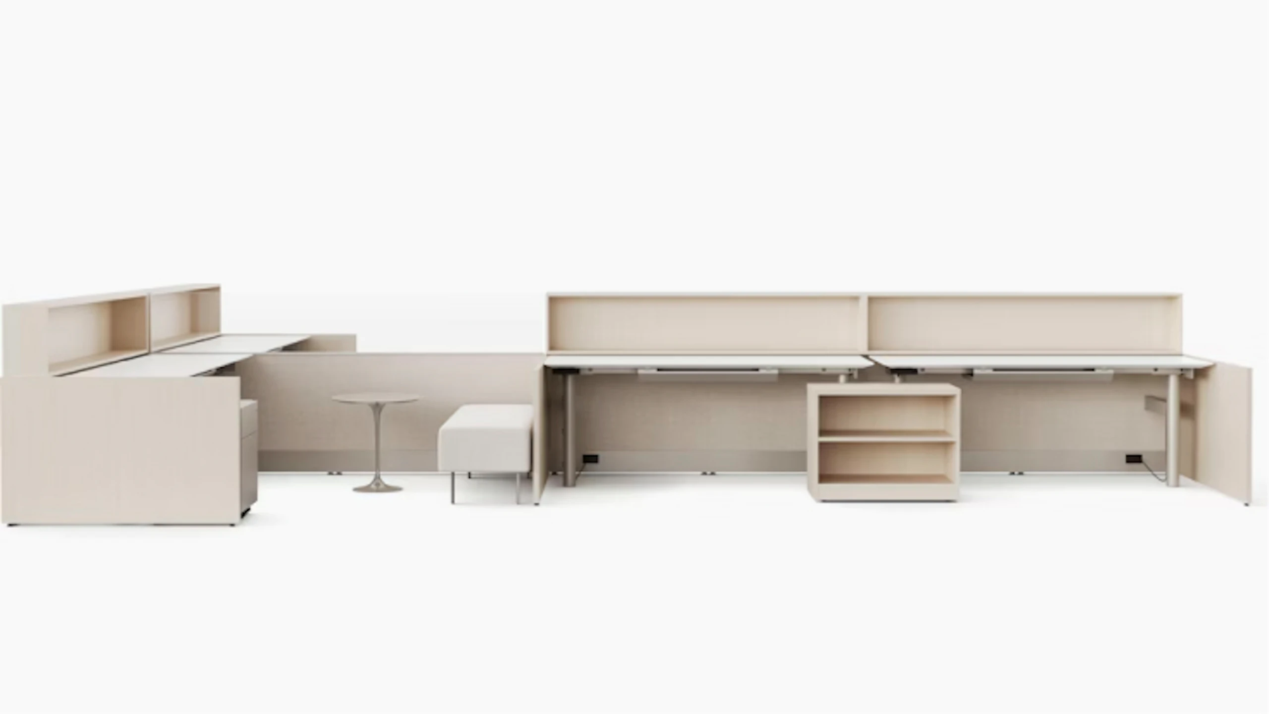 Dividends Skyline by Knoll office workstation system with long shared desks, integrated shelving, storage units, and neutral beige finishes.