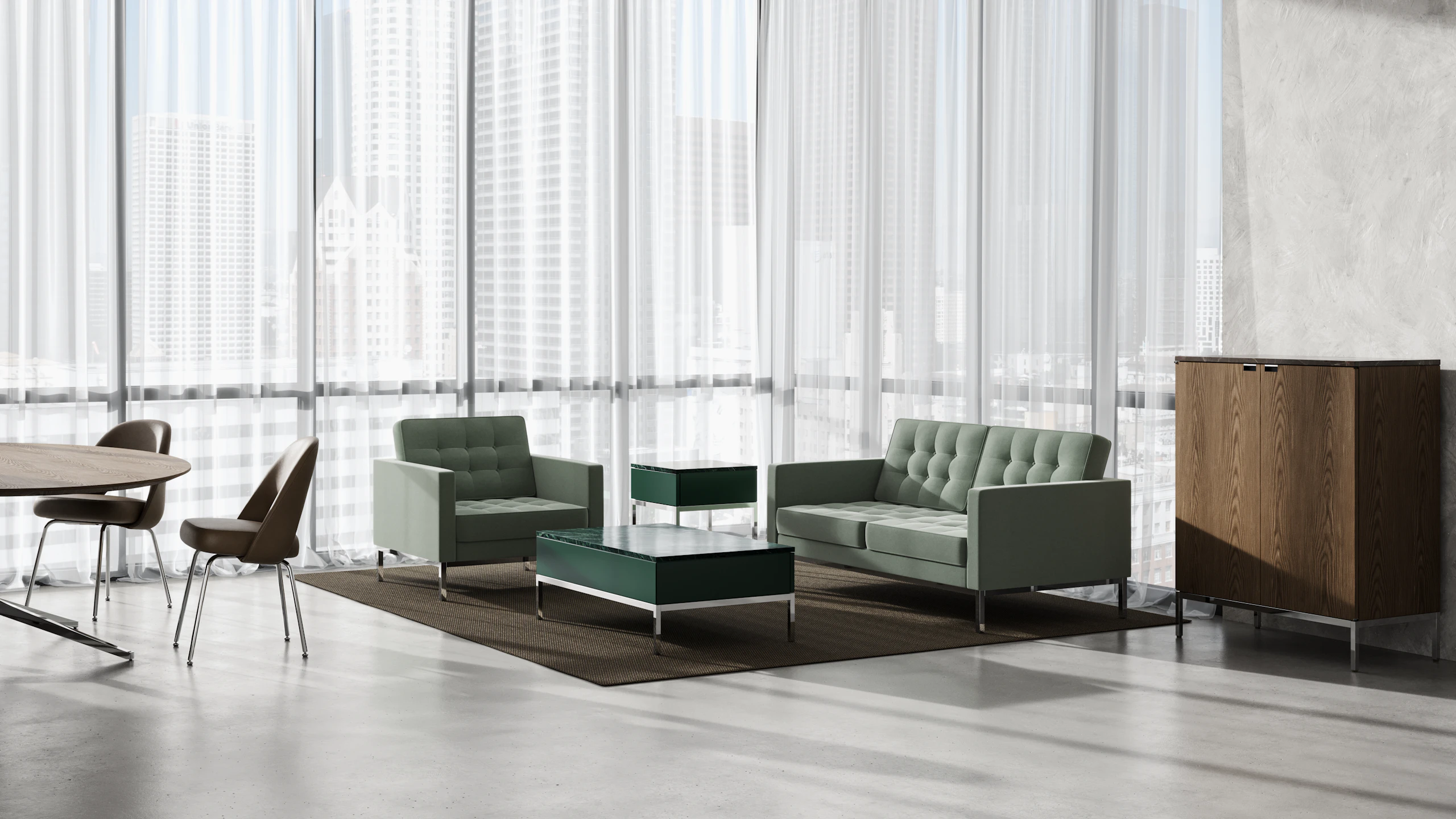 Two green Knoll Chermayeff Tables with gray Florence Knoll Lounge Chairs and Credenza in an office setting.