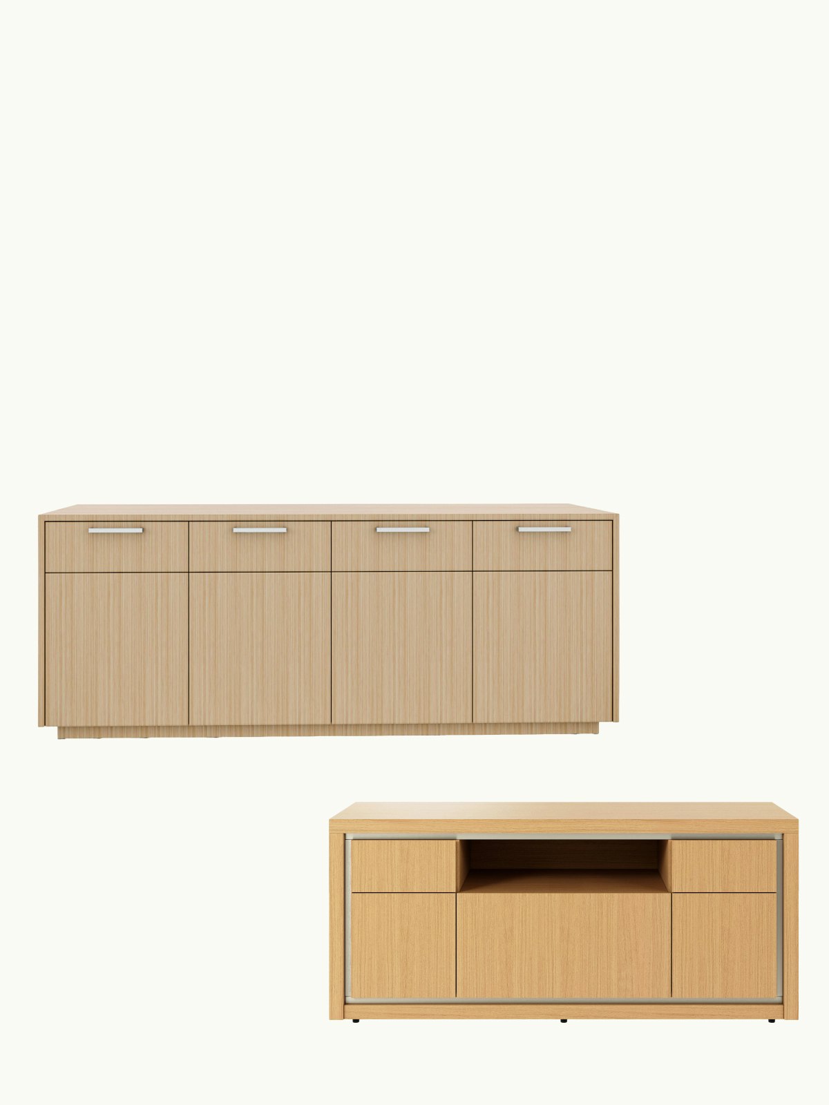 Two Highline Fifty Credenzas in light wood finishes, one positioned staggered above the other, both shown front facing on a white sweep.