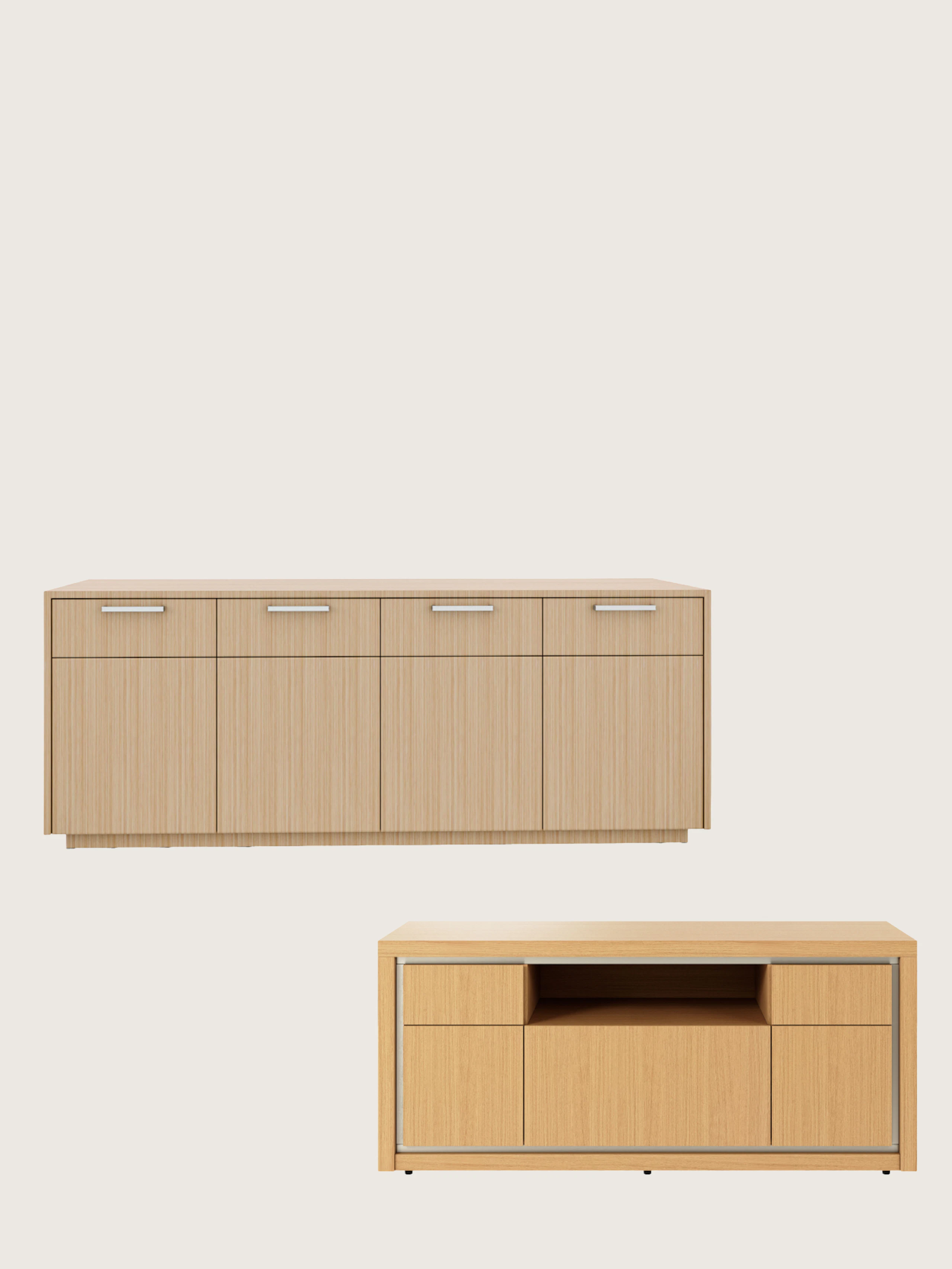Two Highline Fifty Credenzas in light wood finishes, one positioned staggered above the other, both shown front facing on a white sweep.