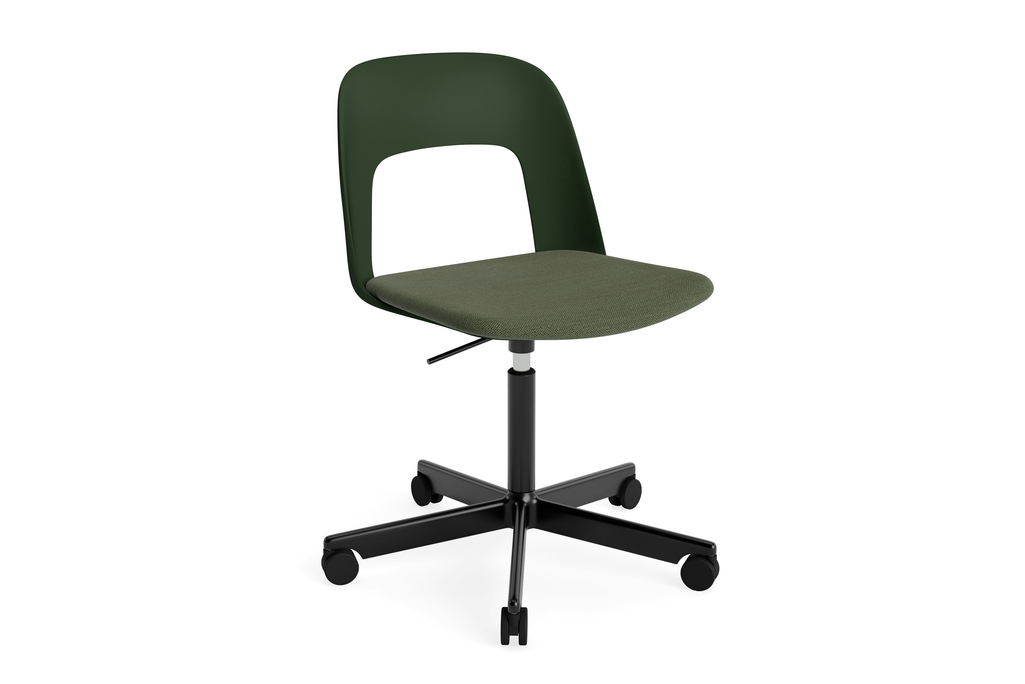 Layout Chair dark green polypropylene shell with matching dark green upholstered seat on black aluminum 5-star base with casters, front angled view