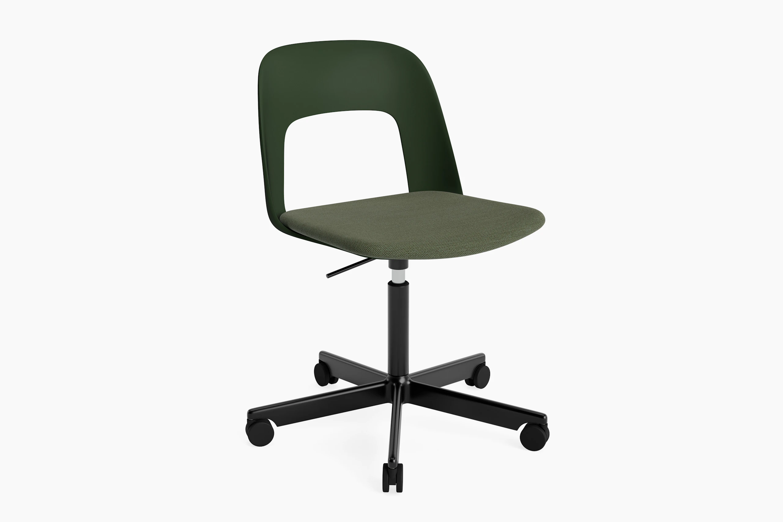 Layout Chair dark green polypropylene shell with matching dark green upholstered seat on black aluminum 5-star base with casters, front angled view