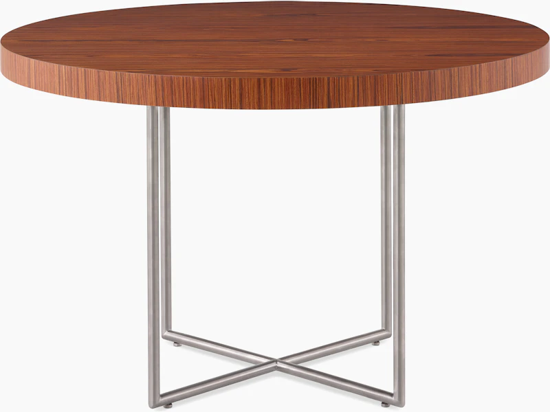 A Domino Table with a wood top and metal base.