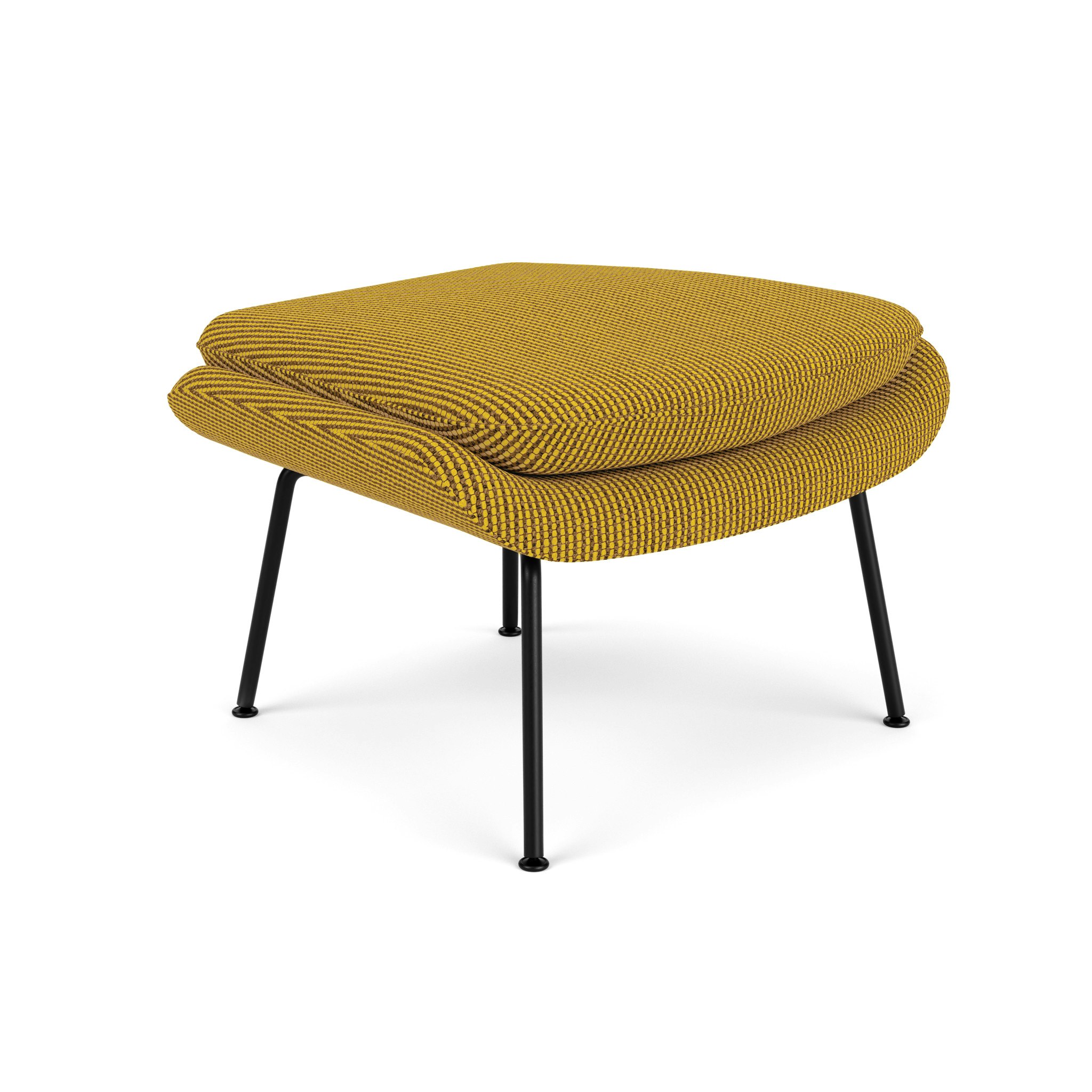 A Womb Ottoman in Cato, Cadmium upholstery with Black base/finish viewed from an angle.