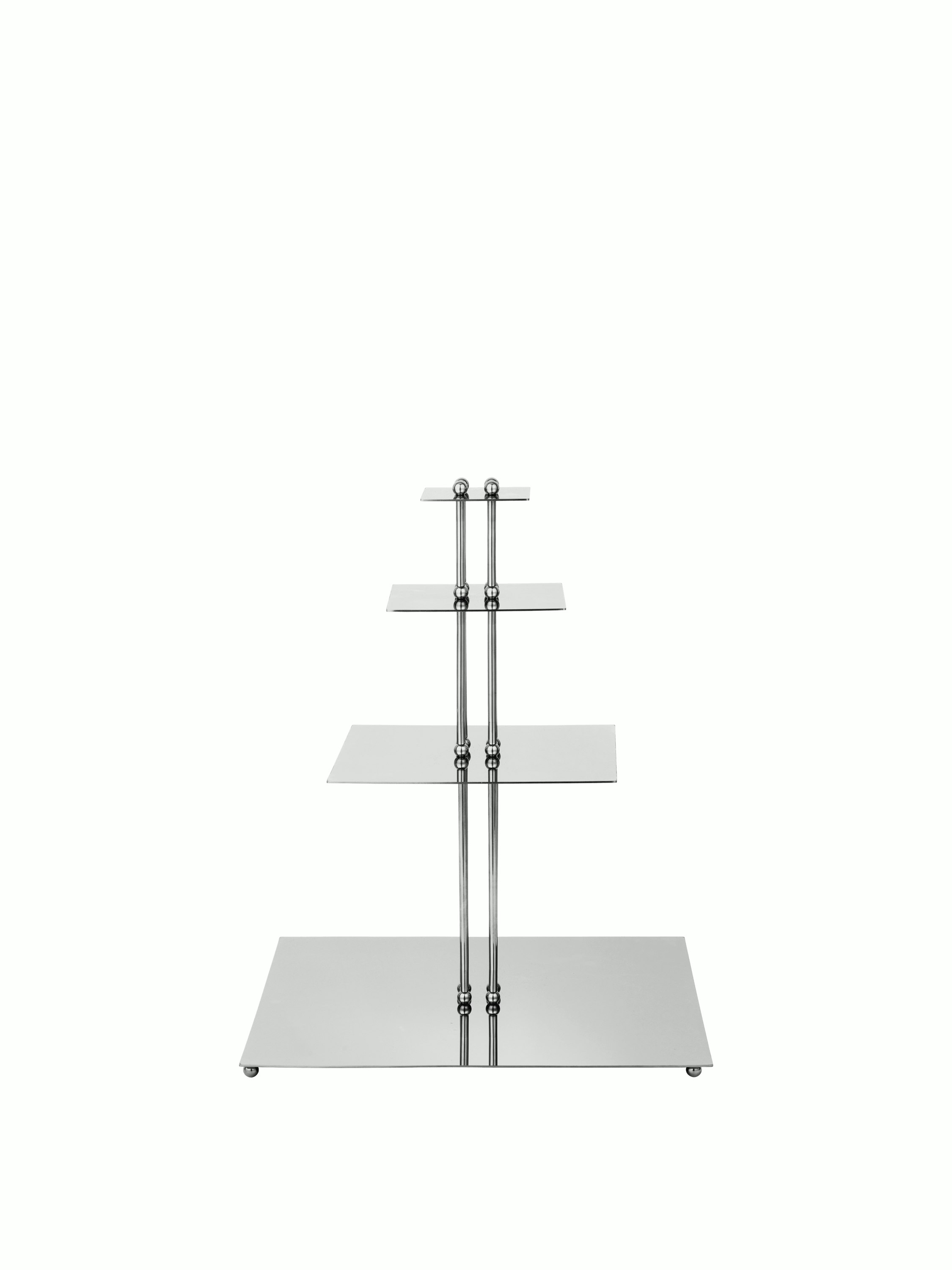 A Orbelle Etagere in stainless steel Viewed from the front.