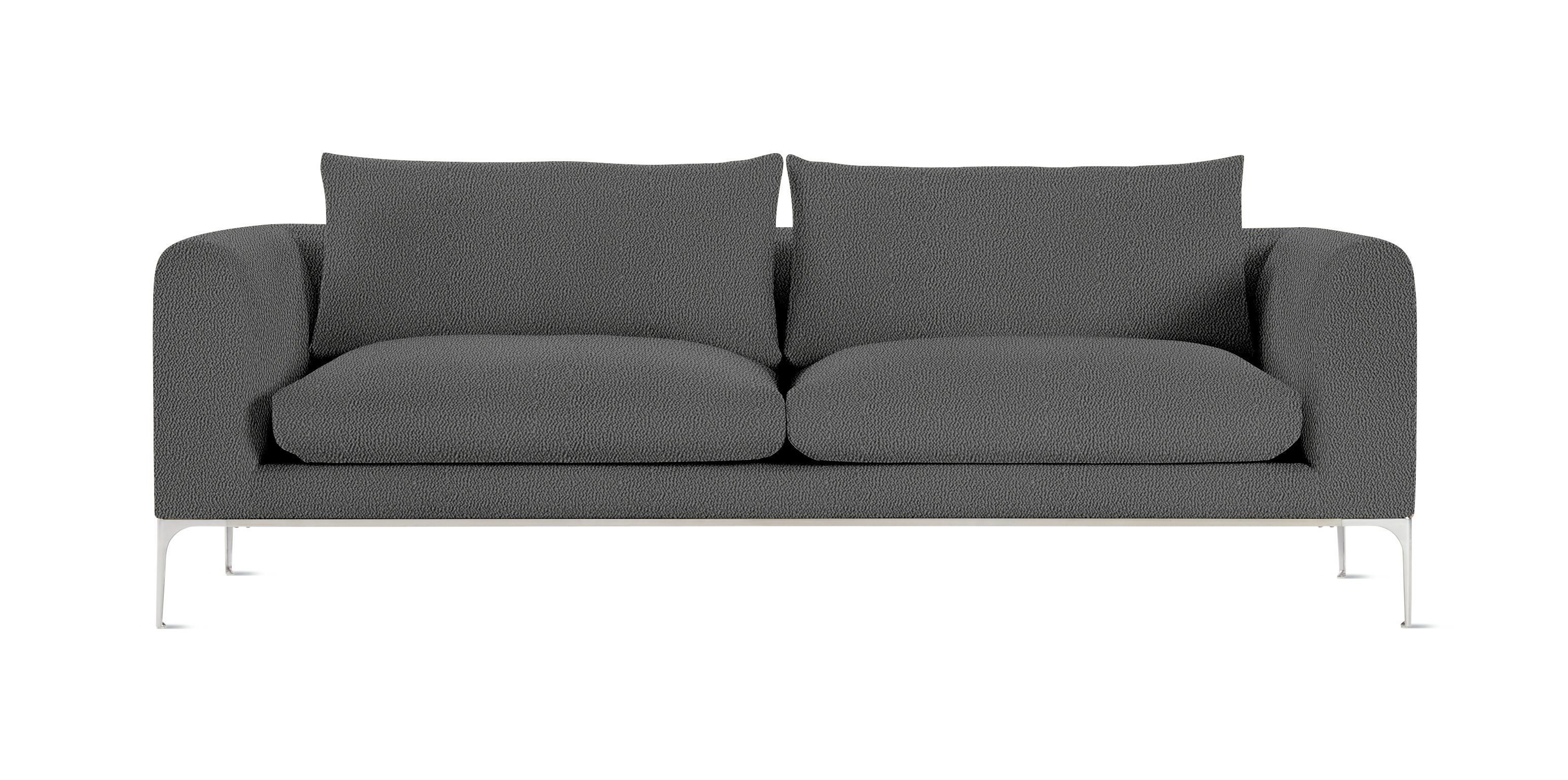A Jonas Sofa in Turf, Grey with Aluminum finish viewed from the front.