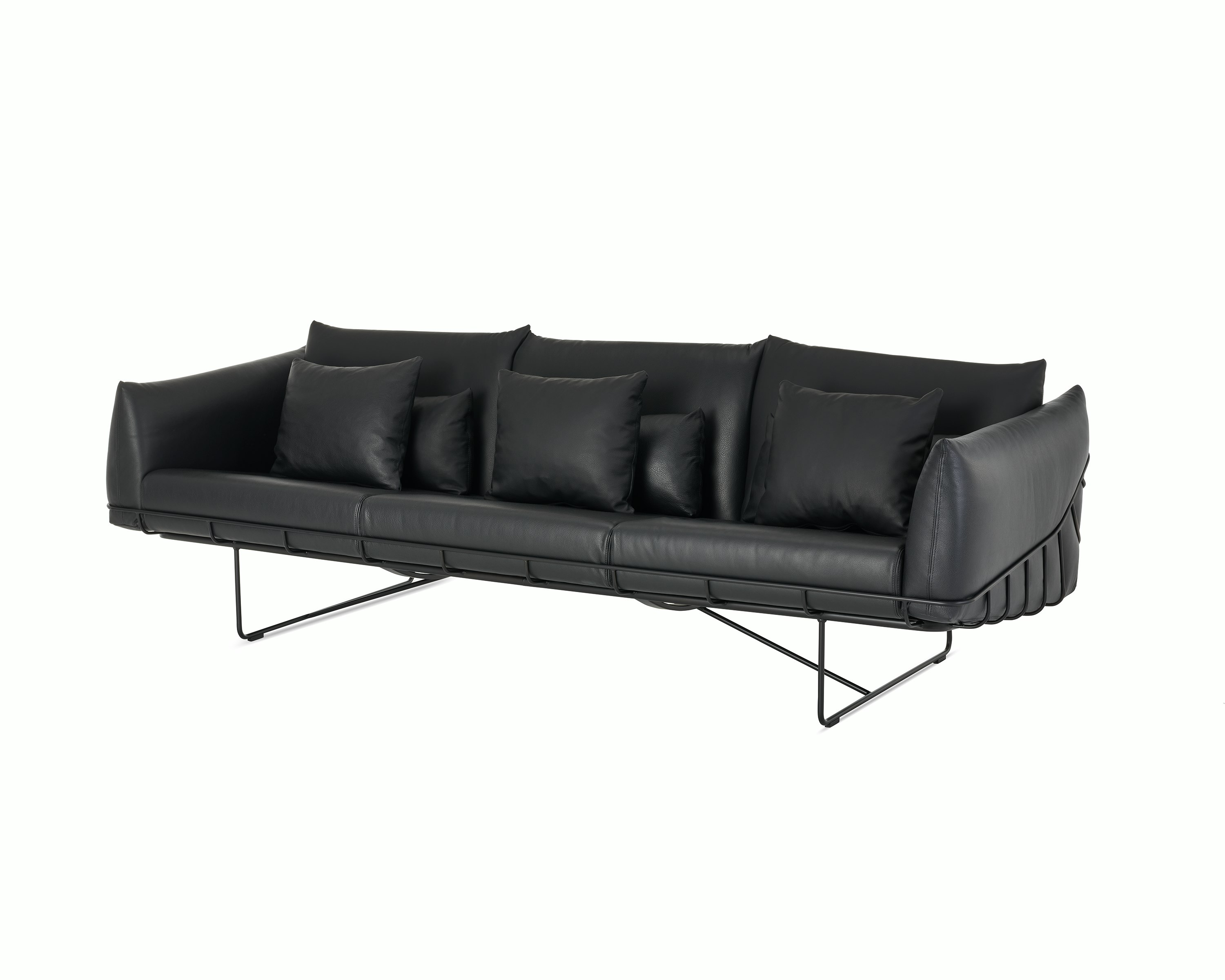 Wireframe Sofa three seater with black leather cushions and black frame. 