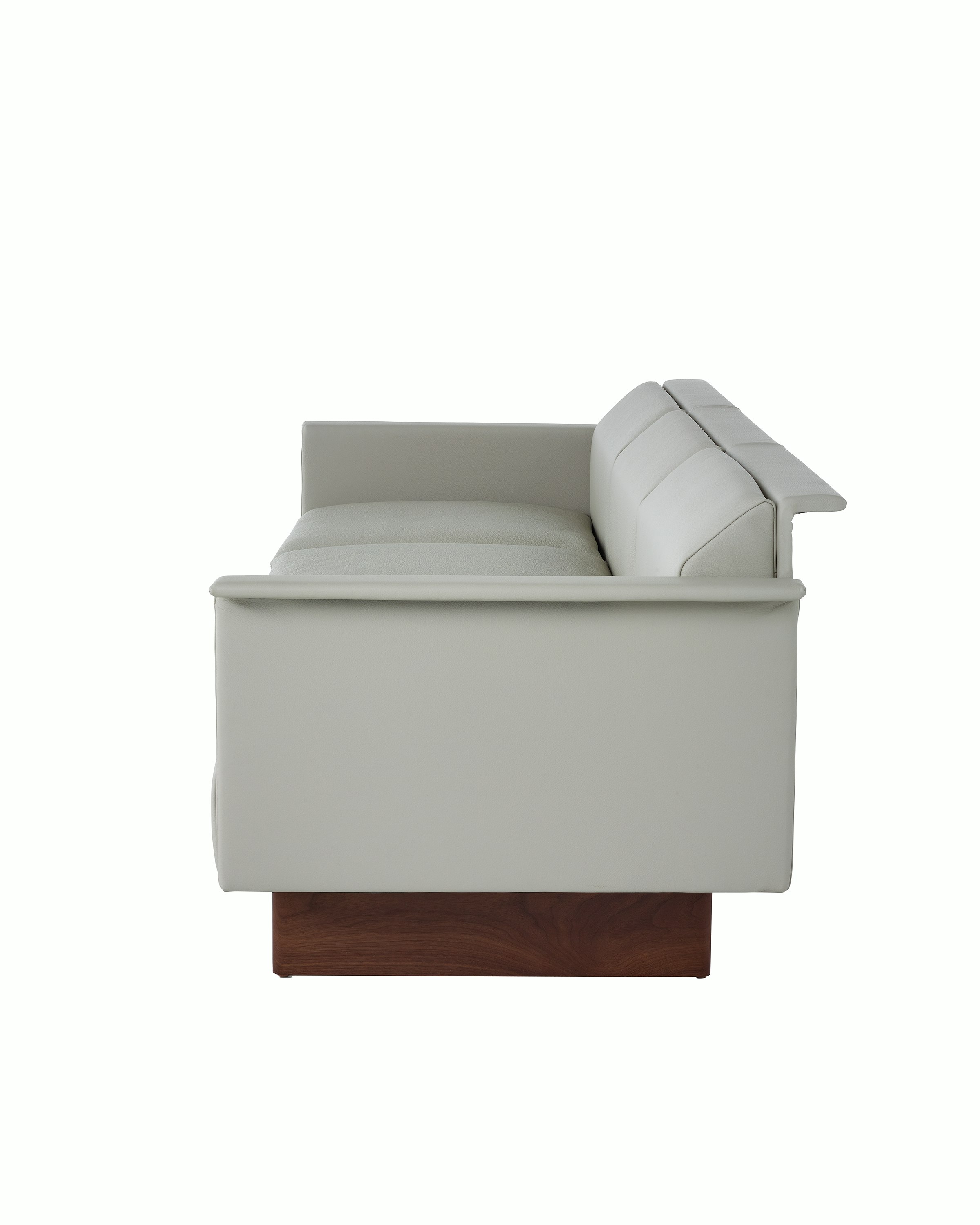 Mantle Three Seater Sofa with Walnut Wood Base in Bristol Leather Ash Gray.