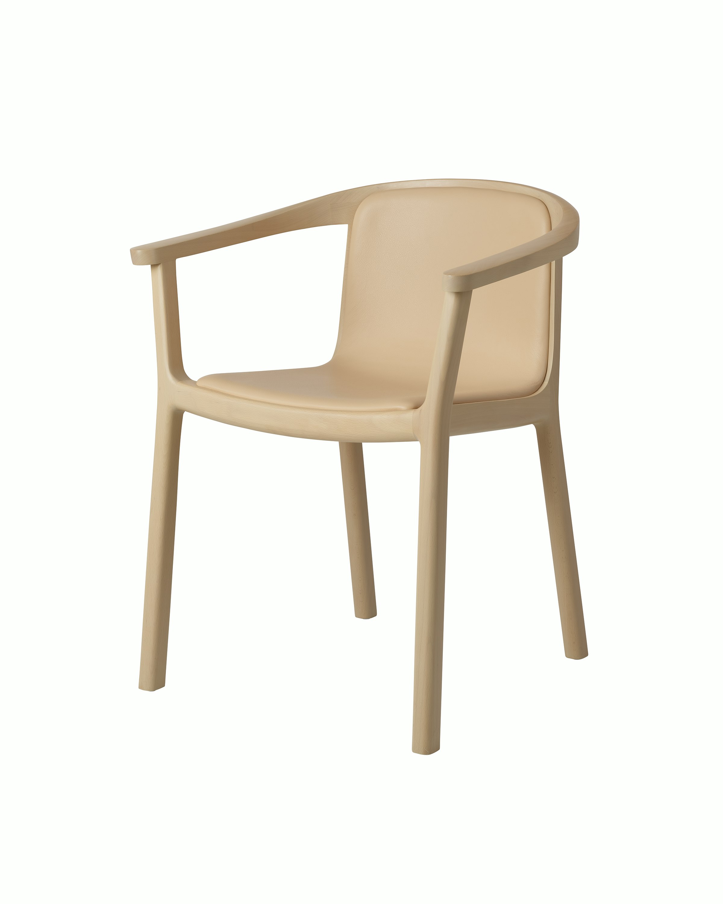 Lijn Armchair by Carole Baijings for Geiger in Light Beech frame upholstered with Maharam Prone Leather in Balsa, angled front view on a white sweep.