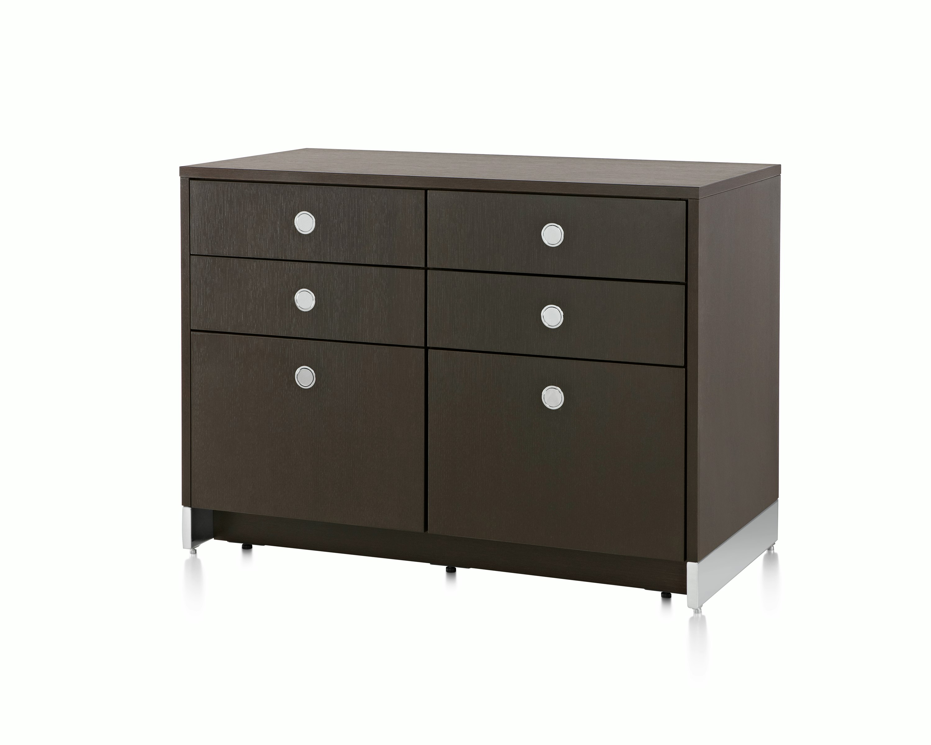 Angled view of a Sled Base Storage unit with a dark wood finish, showing the chrome base.