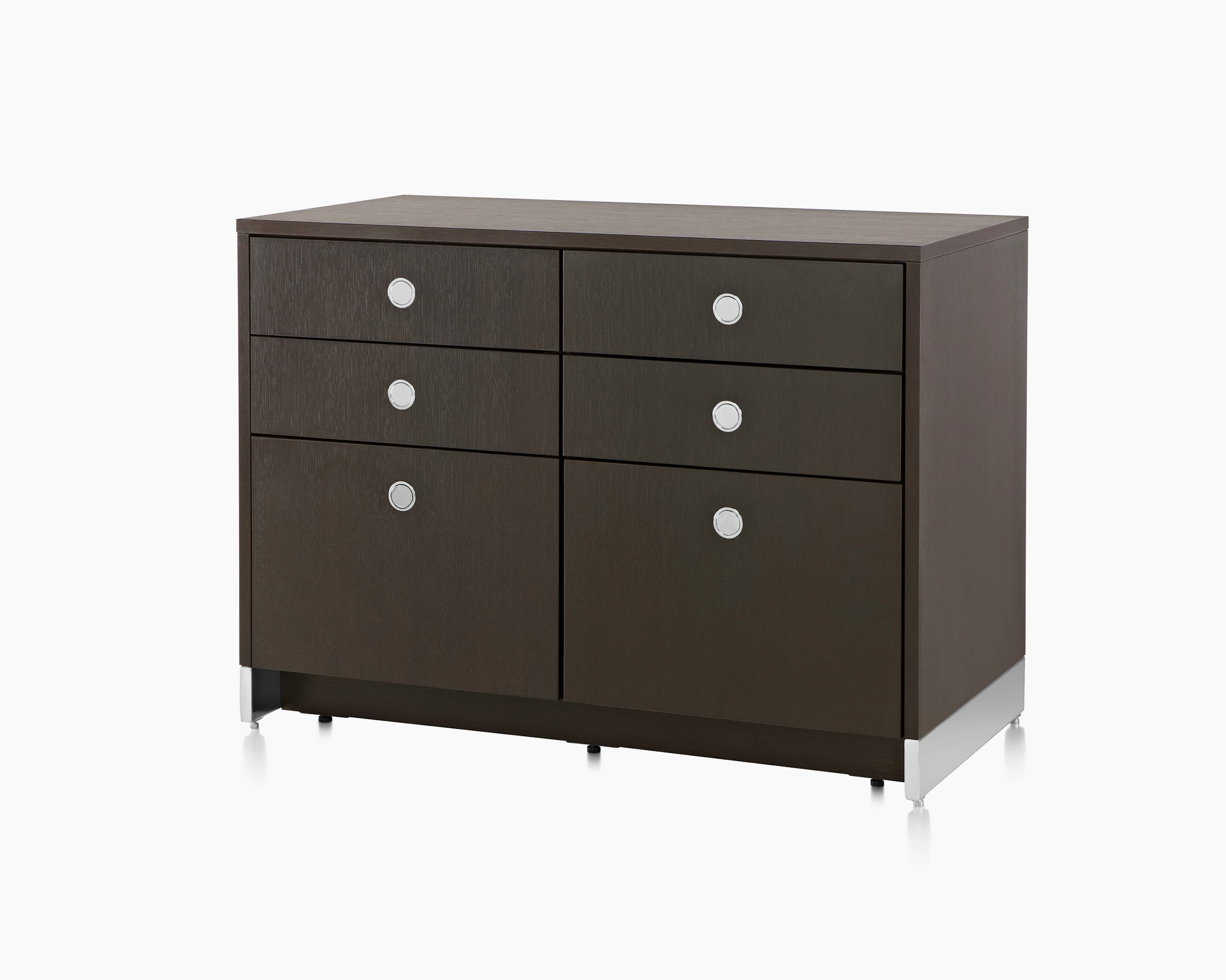 Angled view of a Sled Base Storage unit with a dark wood finish, showing the chrome base.