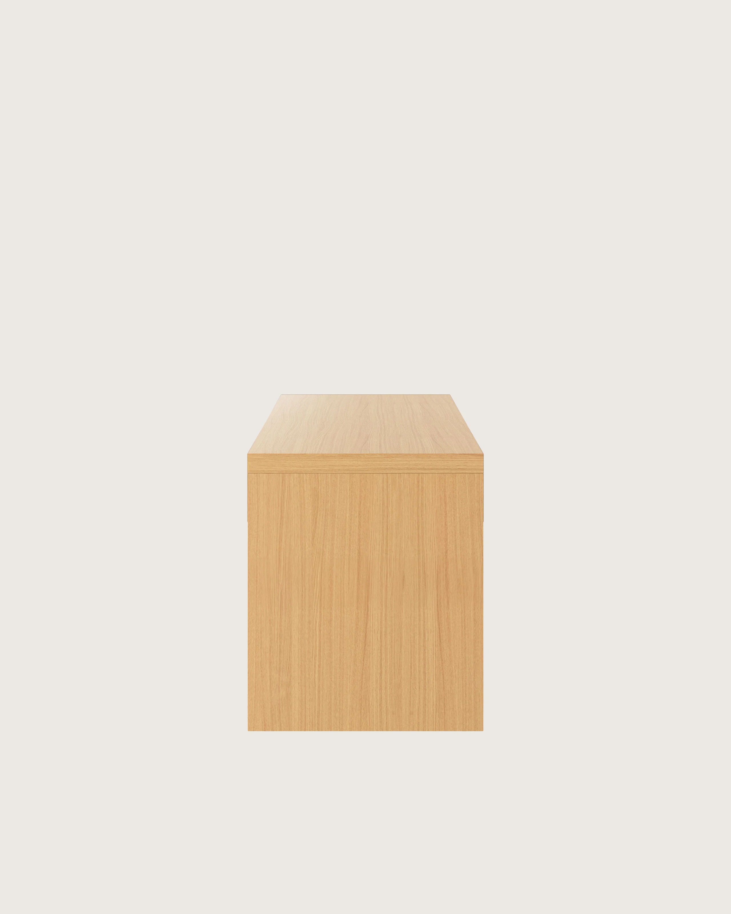 Highline Fifty Credenza in Natural Rift Cut Oak with Satin Nickel trim viewed from the side.