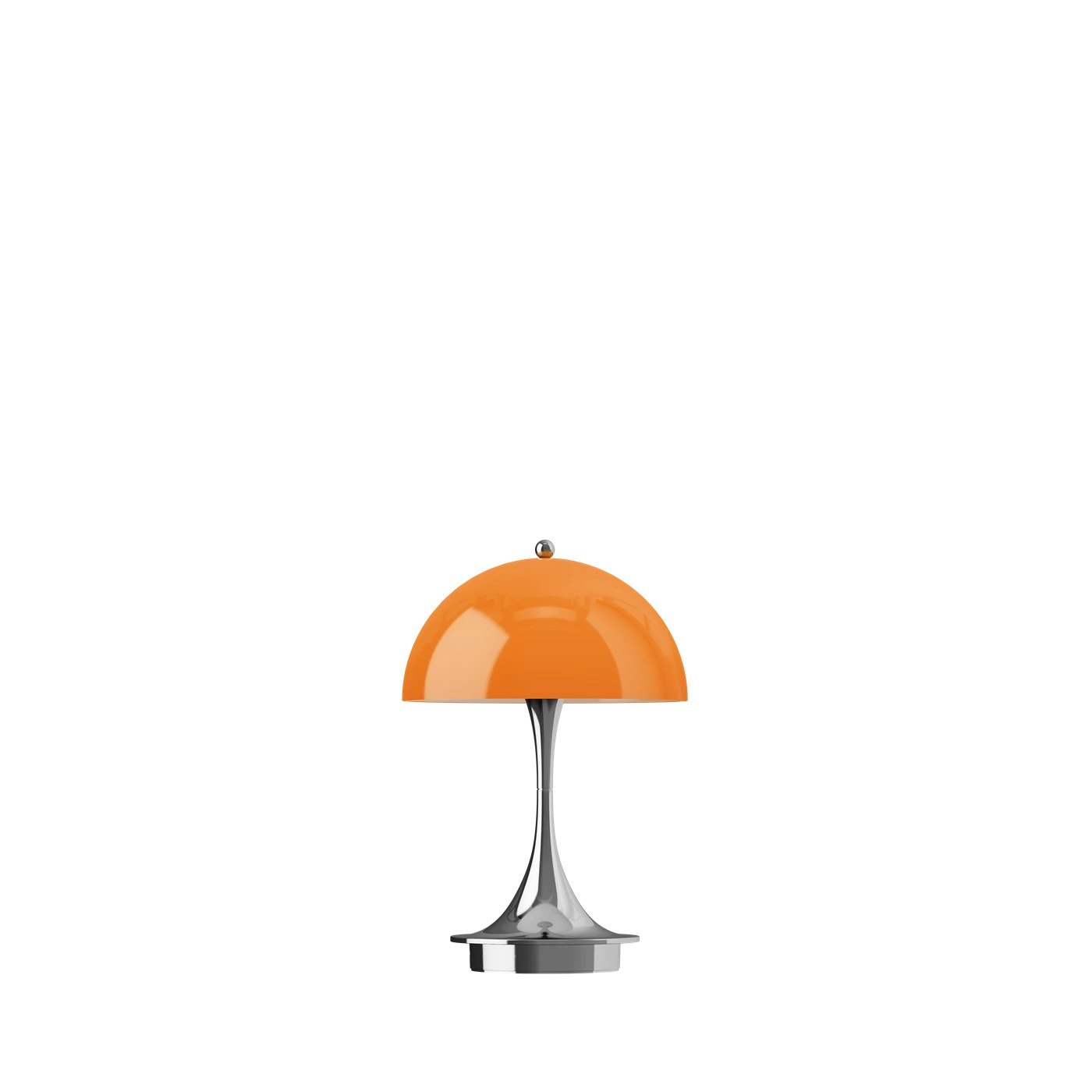 A Panthella Portable Lamp in Orange viewed from the front.