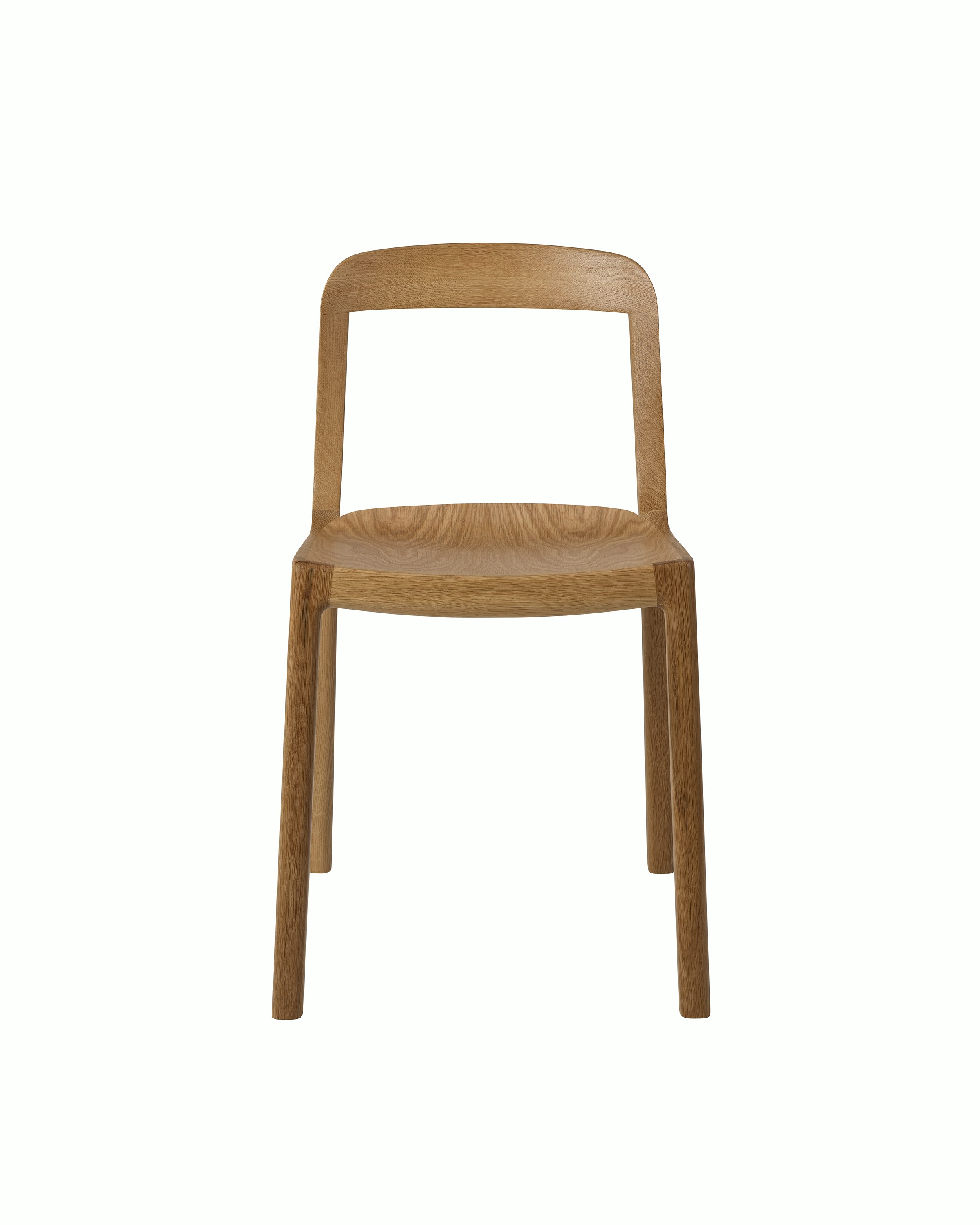 Lijn Side Chair by Carole Baijings for Geiger in Natural Oak frame, front view on a white sweep.