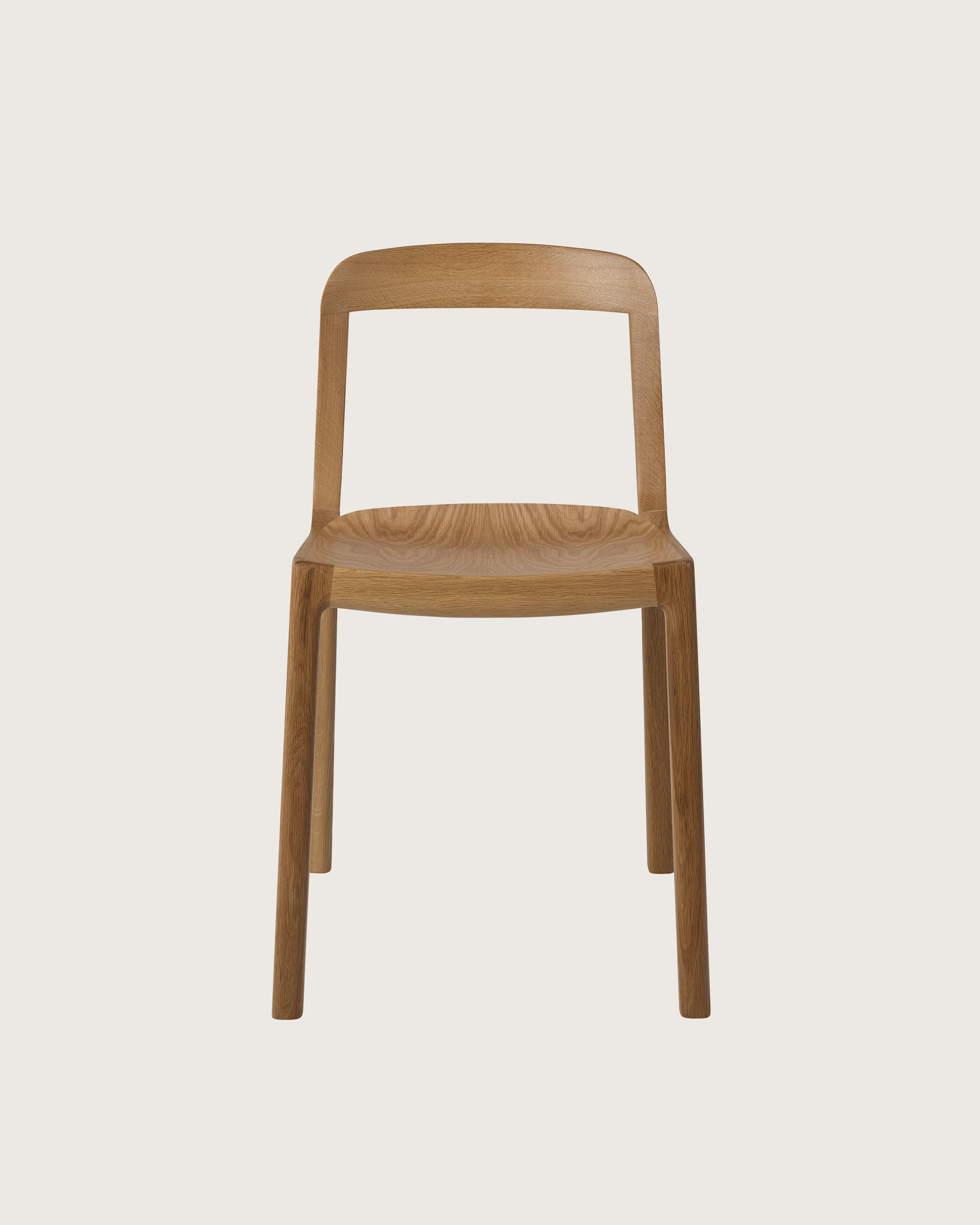 Lijn Side Chair by Carole Baijings for Geiger in Natural Oak frame, front view on a white sweep.