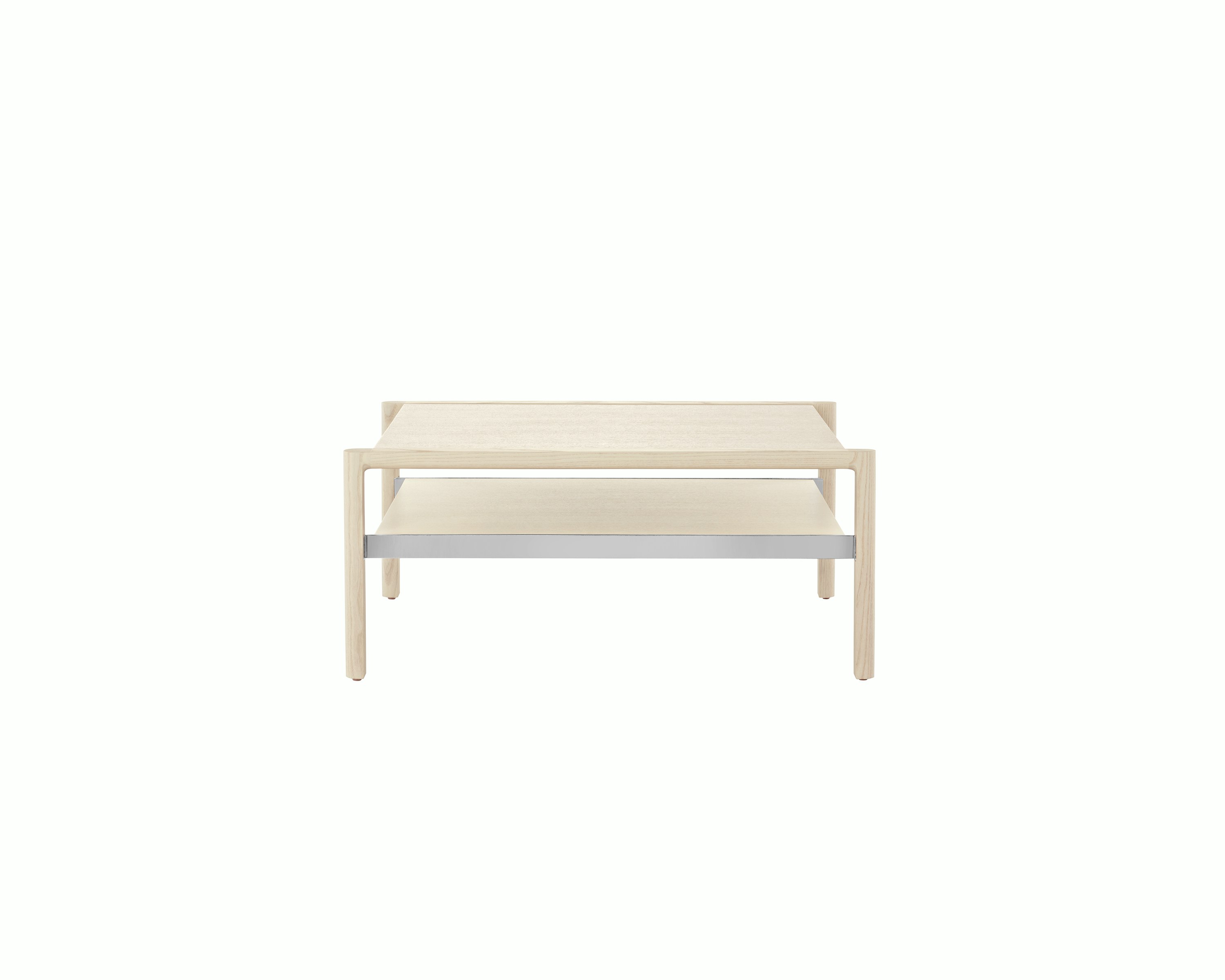 A rectangular Brabo Table with a wood top and shelf and metal frame supports.
