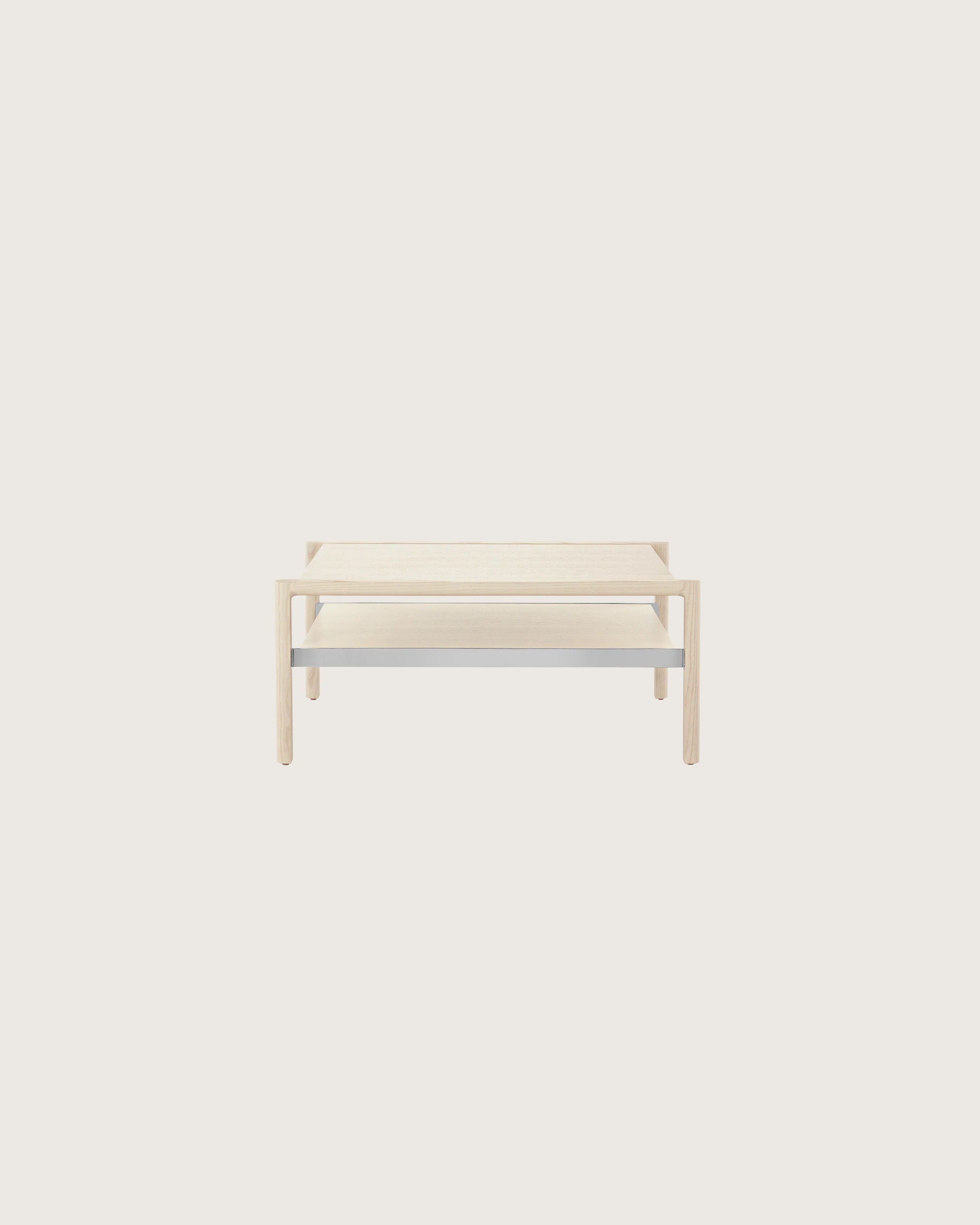 A rectangular Brabo Table with a wood top and shelf and metal frame supports.