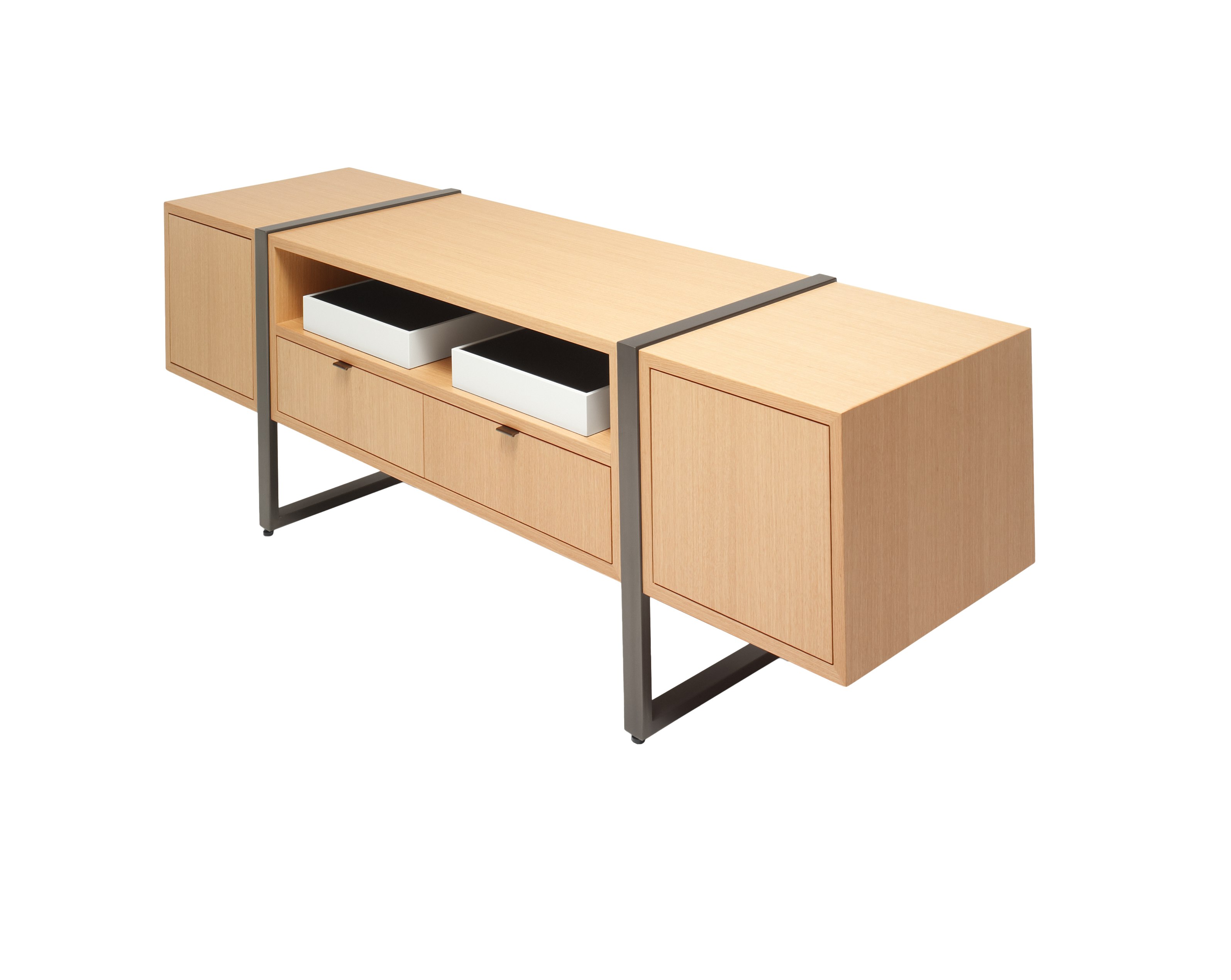 Highline Credenza in Rift Cut European White Oak with Gunmetal Grey Metal base, Oil Rubbed Bronze pulls, angled view.