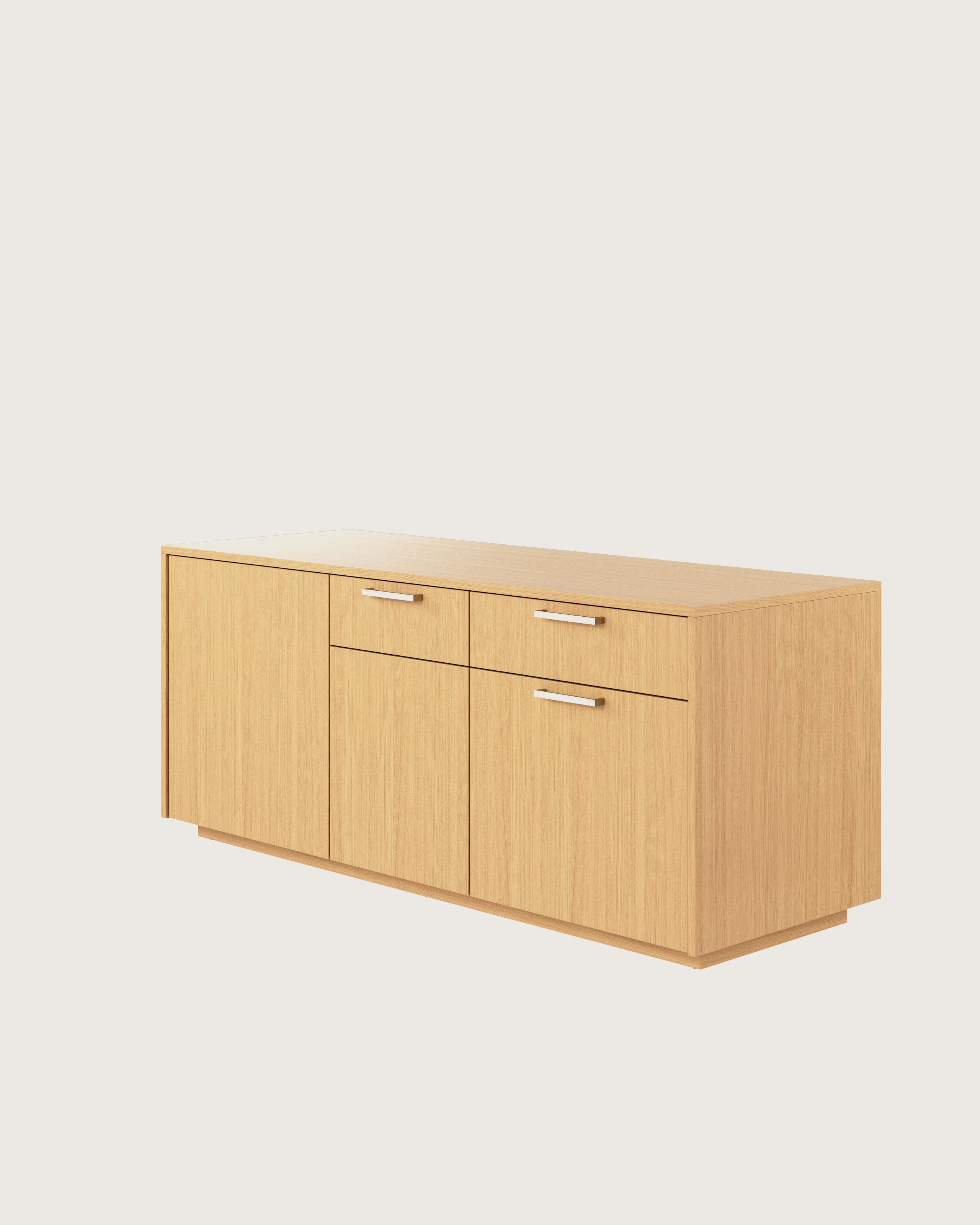 JD Credenza in Natural Rift Cut Oak with Satin Nickel drawer pulls viewed from a 45 degree angle.
