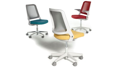 A blue, a yellow, and a red Knoll Ollo Chairs on a white background