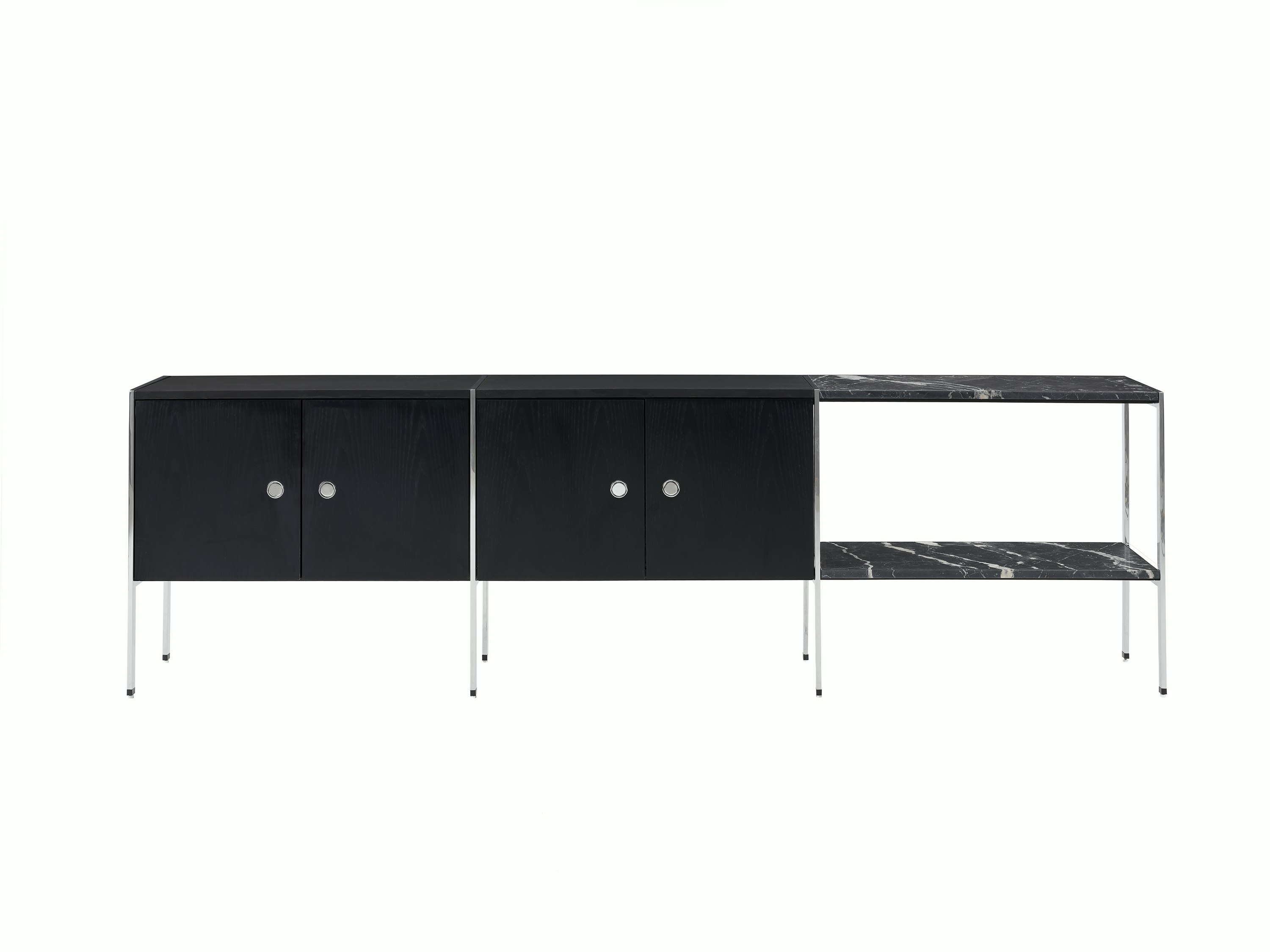 H Frame Storage designed by Ward Bennett in Ebonized Ash with a polished chrome frame and a Nero Marquina top and shelf, shown front-facing on a white sweep.