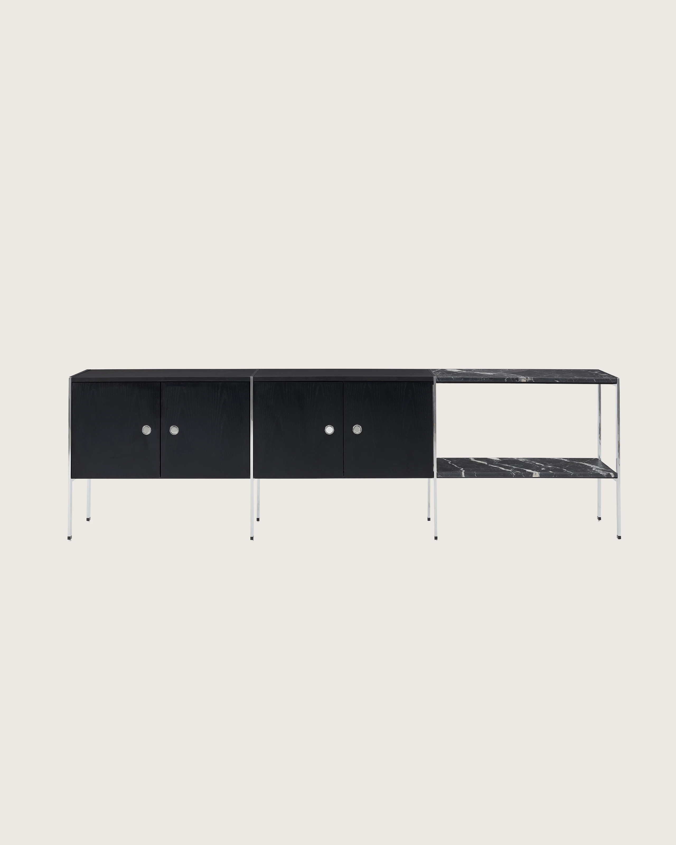 H Frame Storage designed by Ward Bennett in Ebonized Ash with a polished chrome frame and a Nero Marquina top and shelf, shown front-facing on a white sweep.