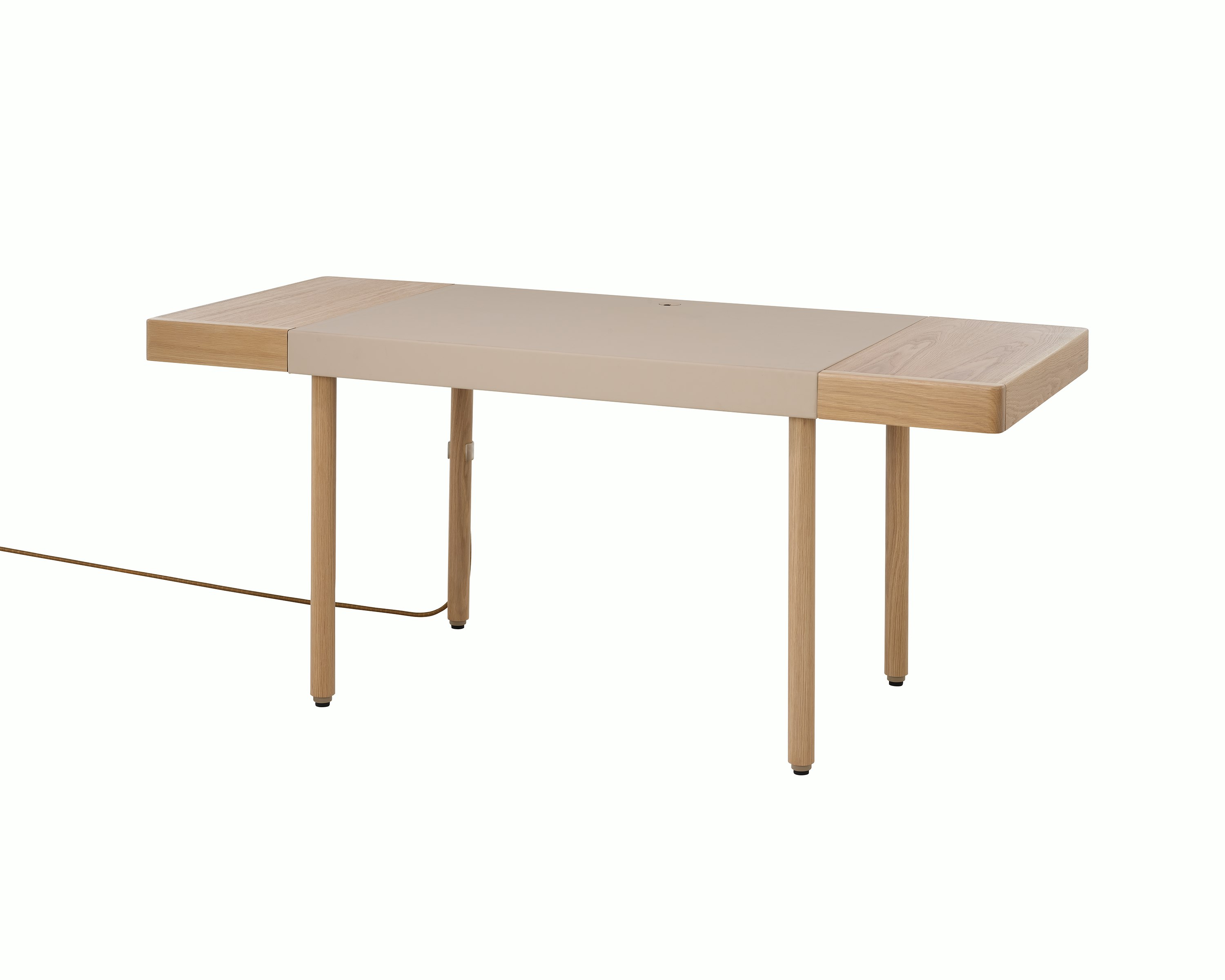 New Canaan Leatherwrap Sit-to-Stand Desk in Oak and Champagne Leather, two drawers, with cord, angled view.