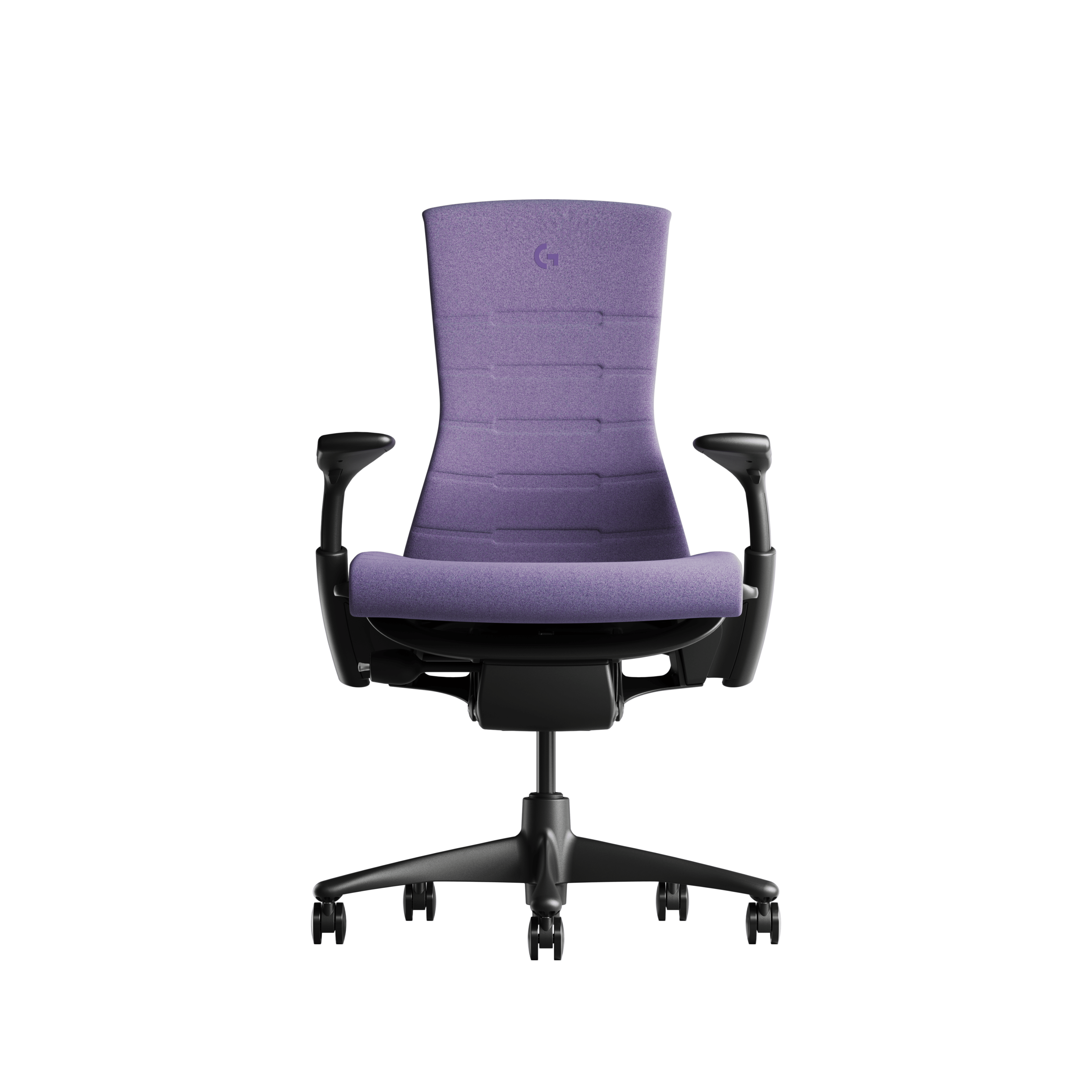 Embody Gaming Chair in Graphite, Amethyst and White viewed from the front