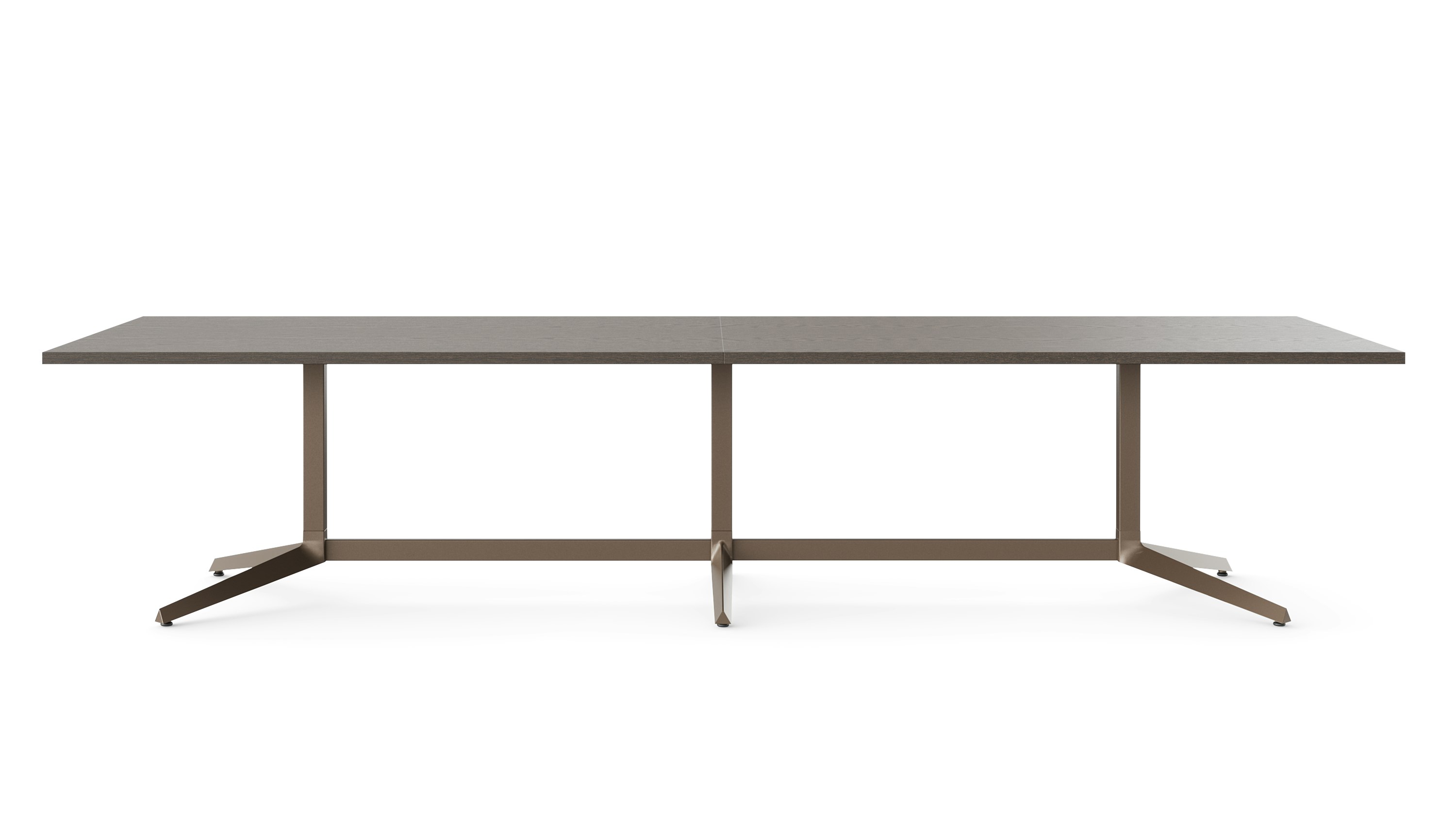 A meeting table is shown in a dark finish straight on.