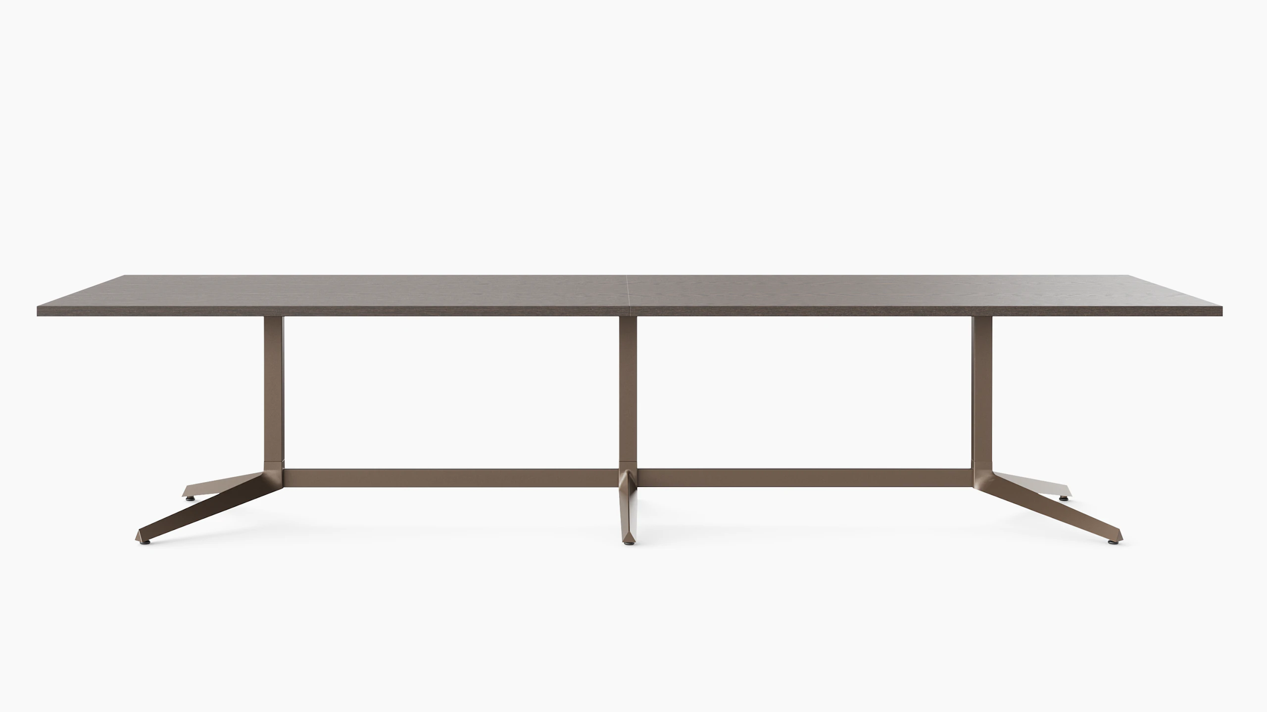 A meeting table is shown in a dark finish straight on.