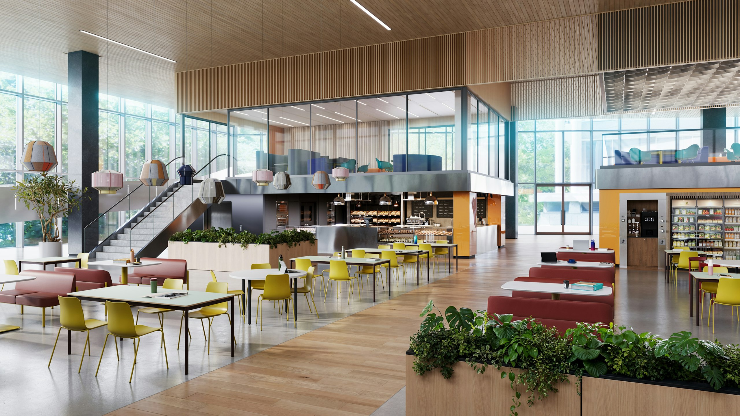 Two-level large-scale dining area furnished with NaughtOne Polly Side chairs, Muuto Base tables, and NaughtOne Pullman sofas.