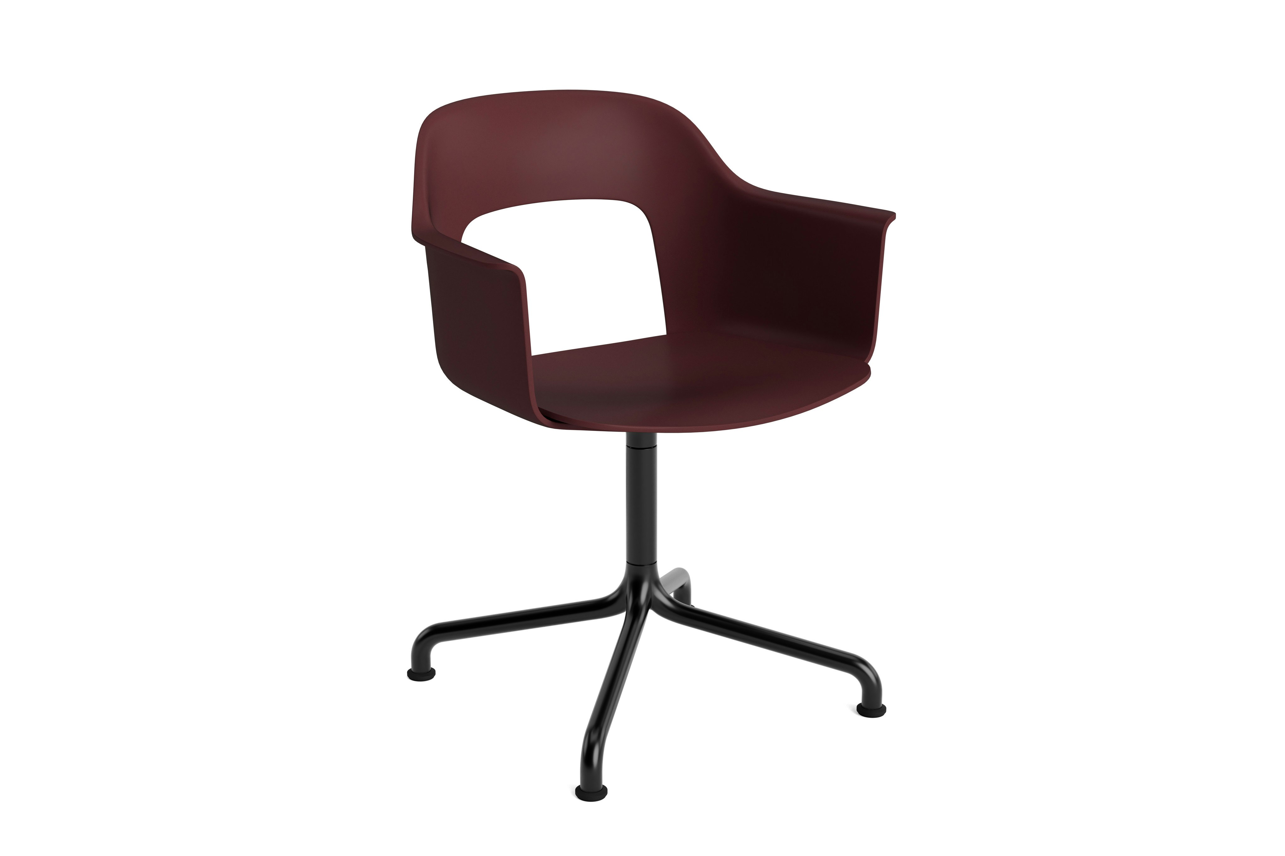 Plastic shell armchair on arc base, angled view