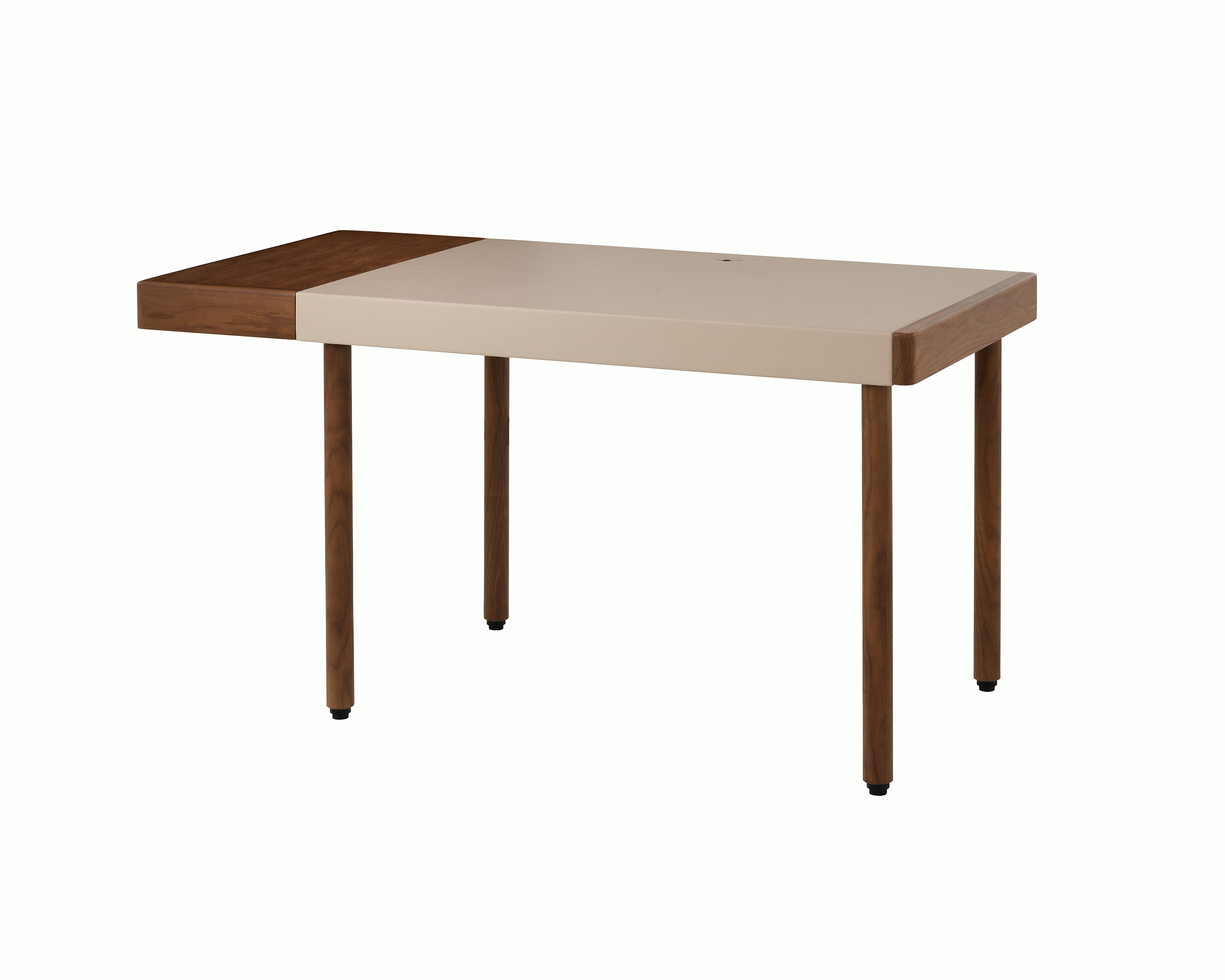 New Canaan Leatherwrap Sit-to-Stand Desk in Walnut and Champagne Leather, one drawer on left side and angled view..