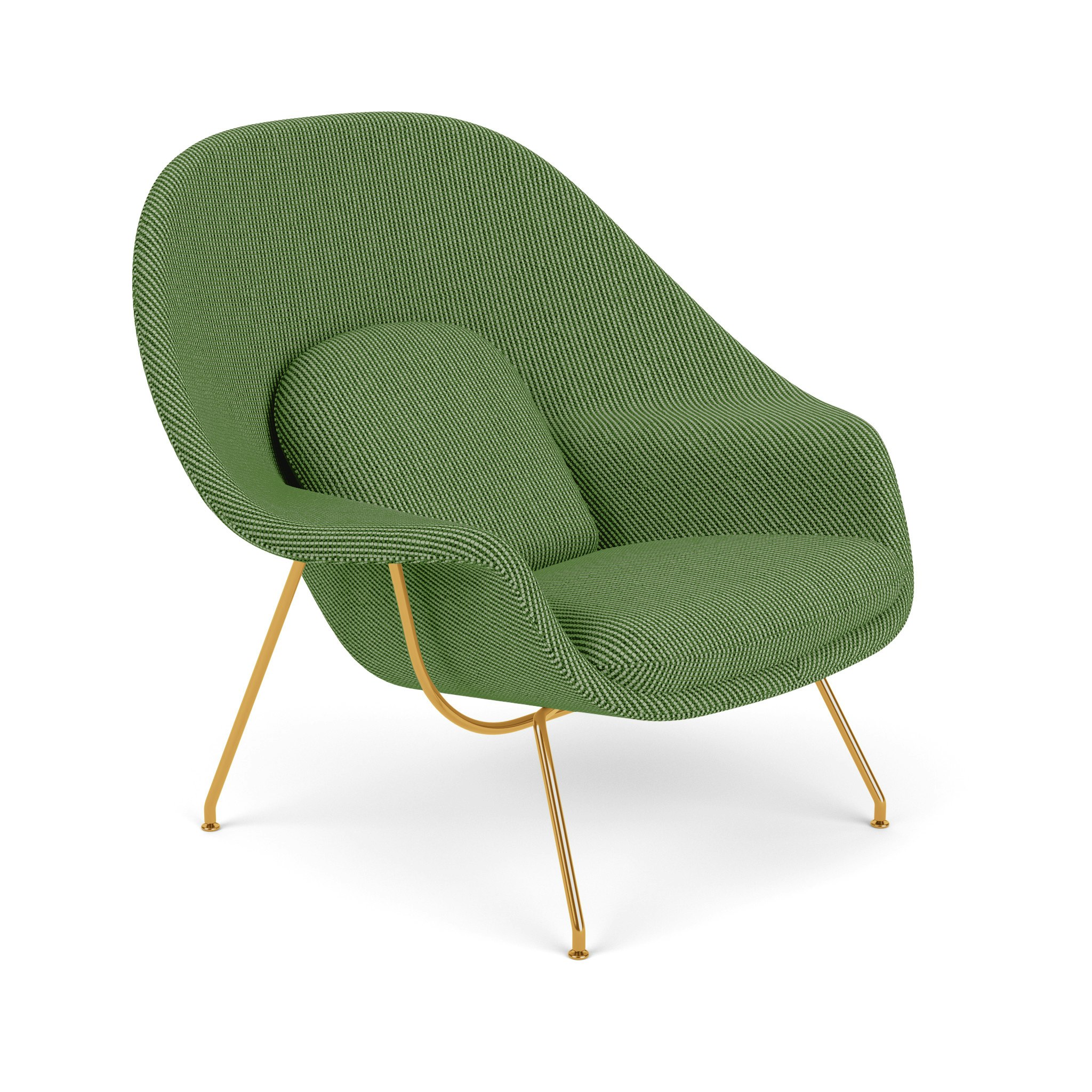 A Womb Chair in Cato, Shire upholstery with Gold base/finish viewed from an angle.