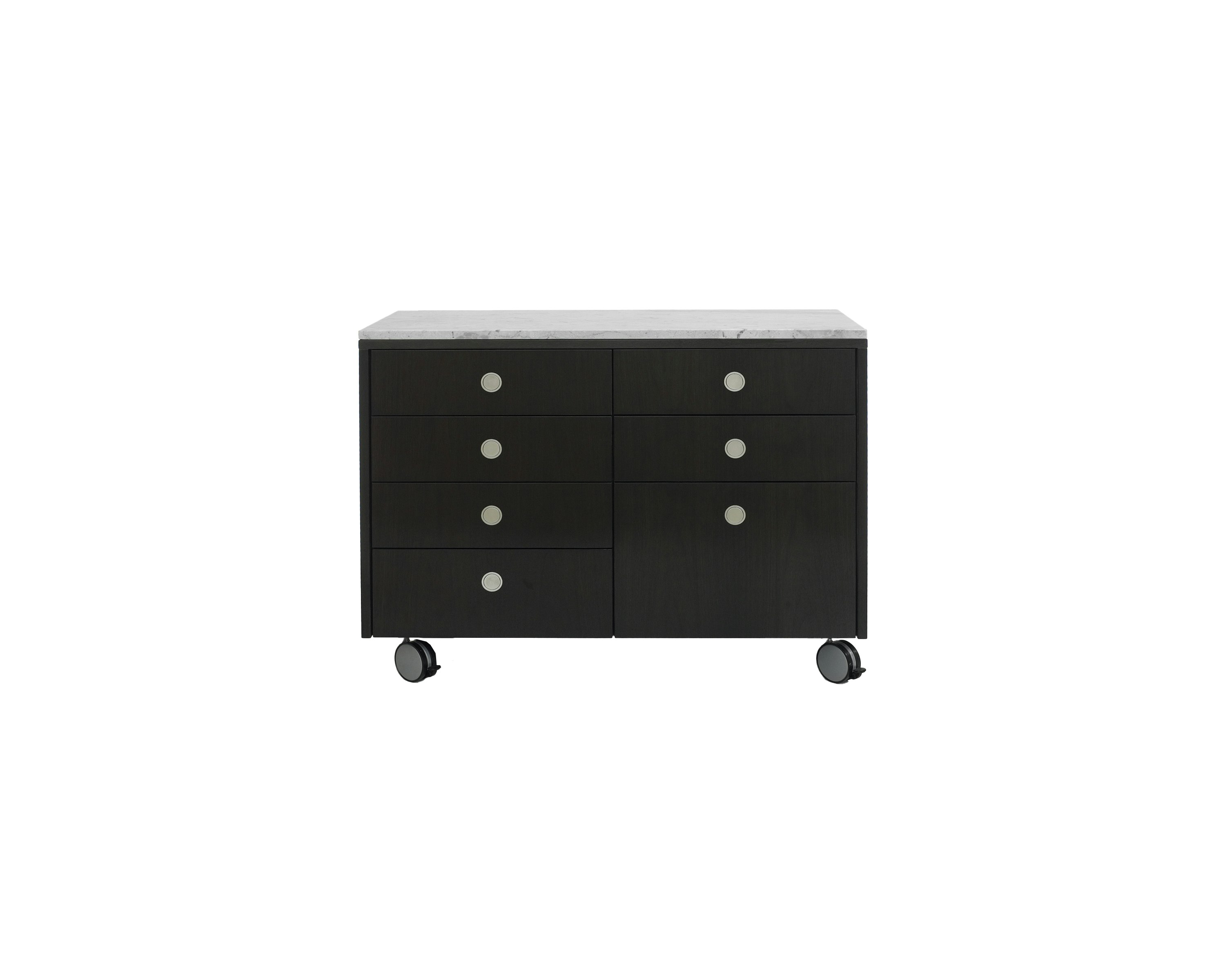 A two-unit Sled Base Storage mobile pedestal with a dark wood finish, casters, box drawers, and file storage.