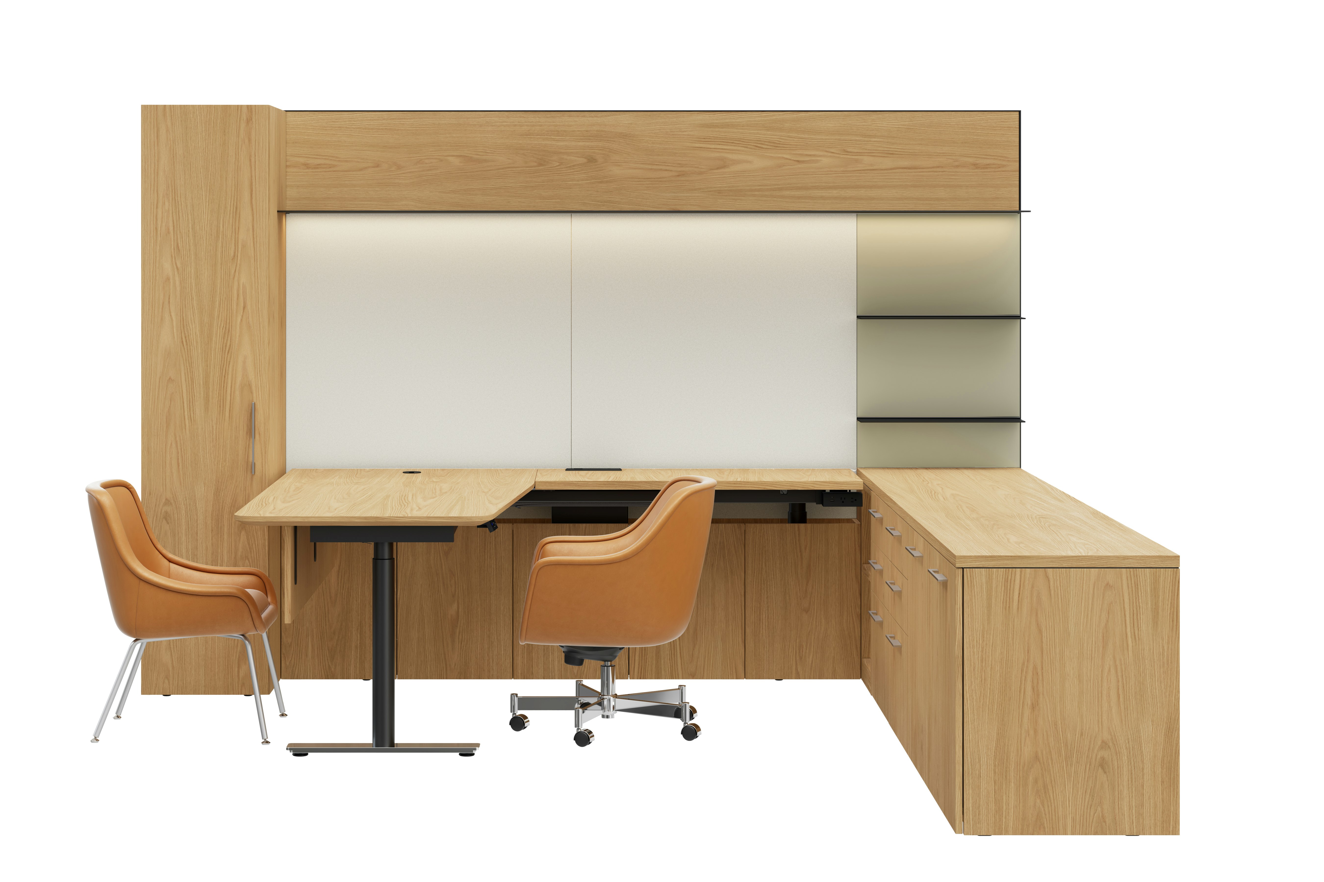 A Geiger One Private Office in Natural Flat Cut Oak with an incline edge and Bumper Chairs in camel leather viewed from the front.