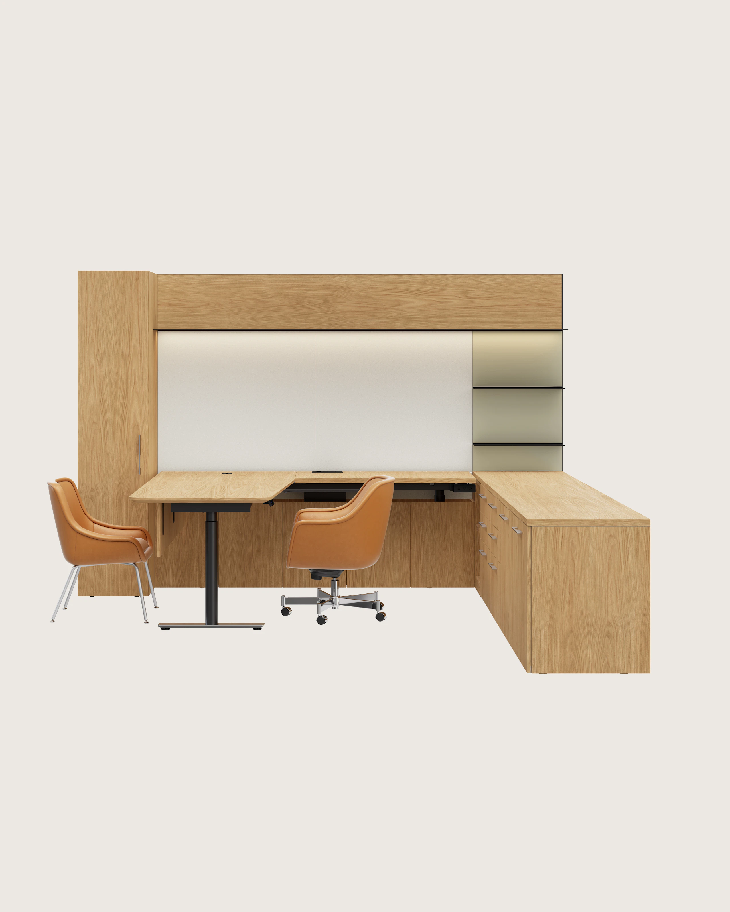 A Geiger One Private Office in Natural Flat Cut Oak with an incline edge and Bumper Chairs in camel leather viewed from the front.