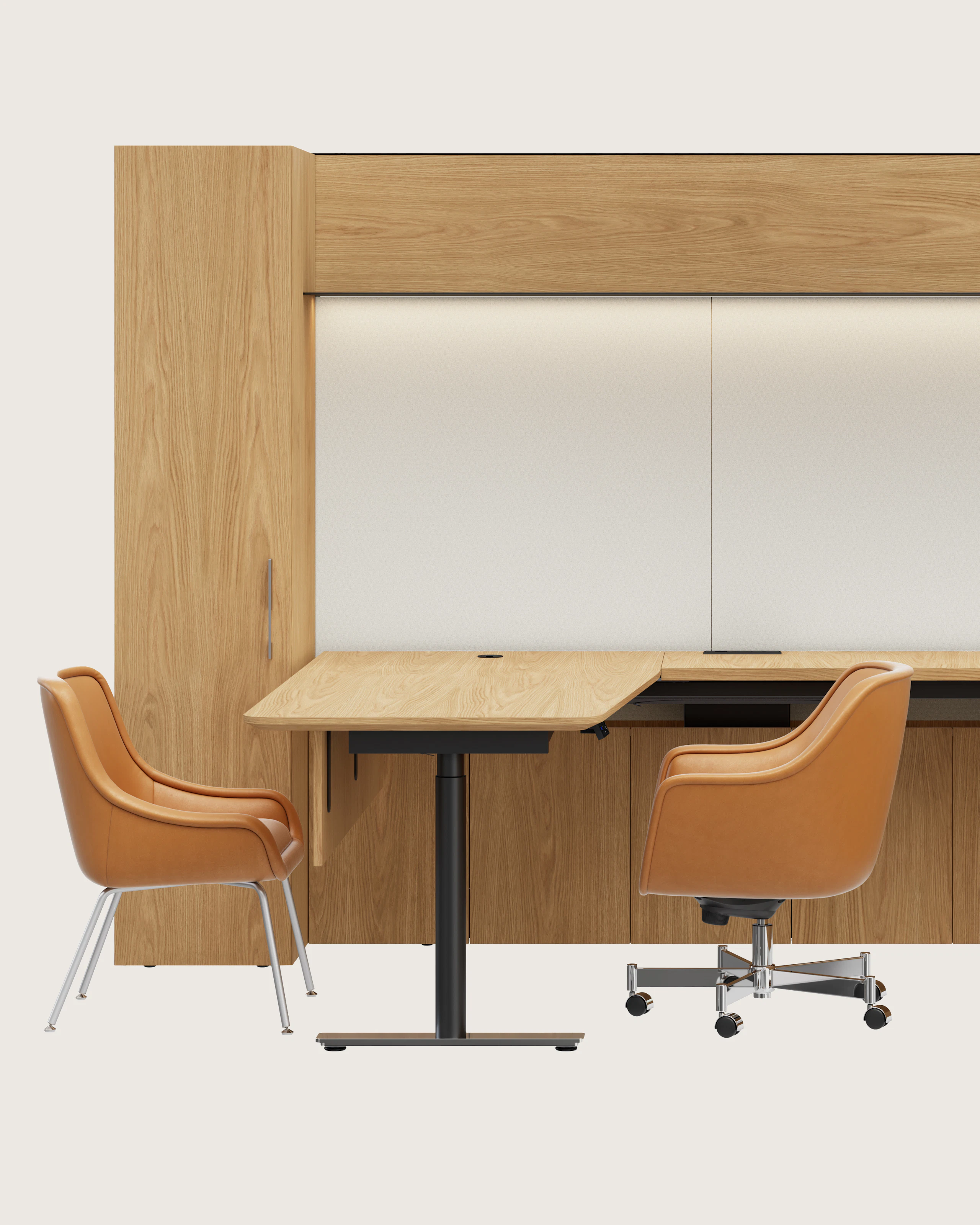 A Geiger One Private Office in Natural Flat Cut Oak with an incline edge and Bumper Chairs in camel leather viewed from the front.