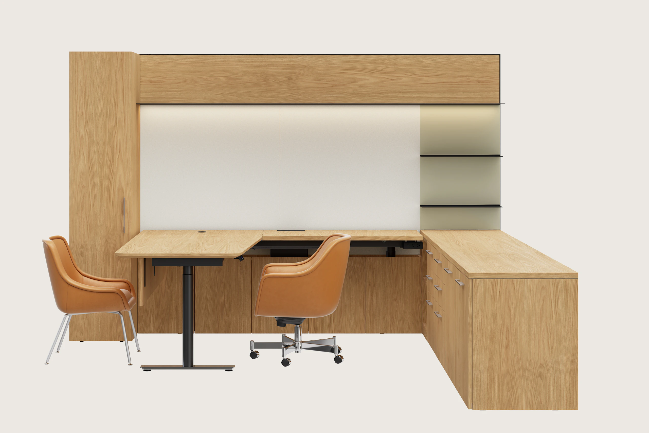 A Geiger One Private Office in Natural Flat Cut Oak with an incline edge and Bumper Chairs in camel leather viewed from the front.