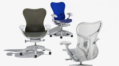 Three Mirra 2 Chairs by Herman Miller, each with a different color back: alpine, olive, and ultramarine.
