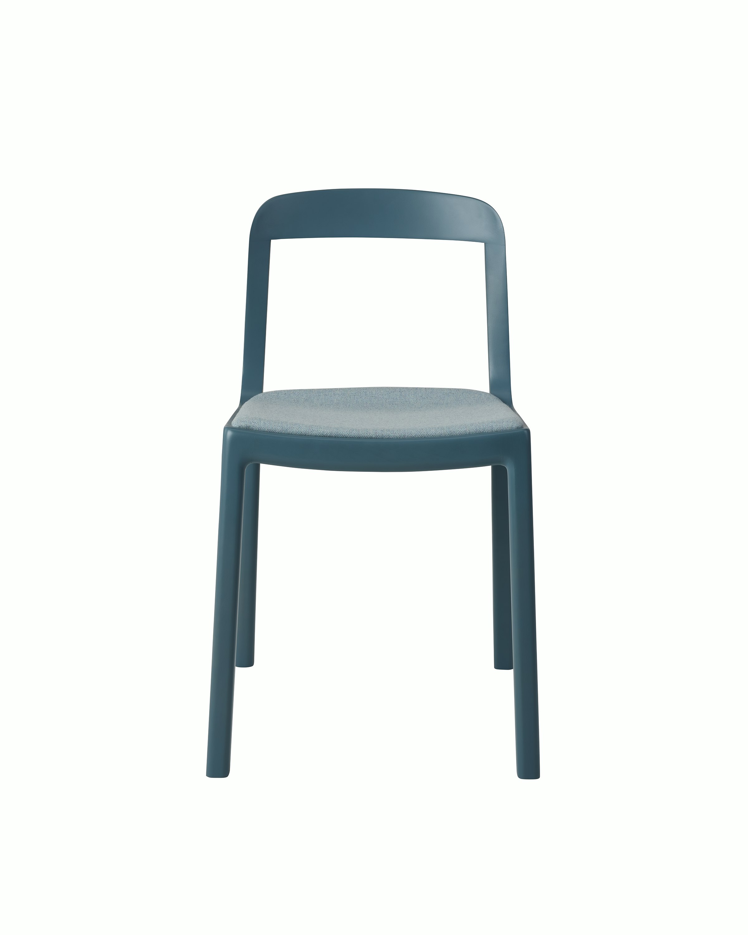 Lijn Side Chair by Carole Baijings for Geiger in Nordic Blue frame with Maharam Luce Brine upholstery, front view on a white sweep.