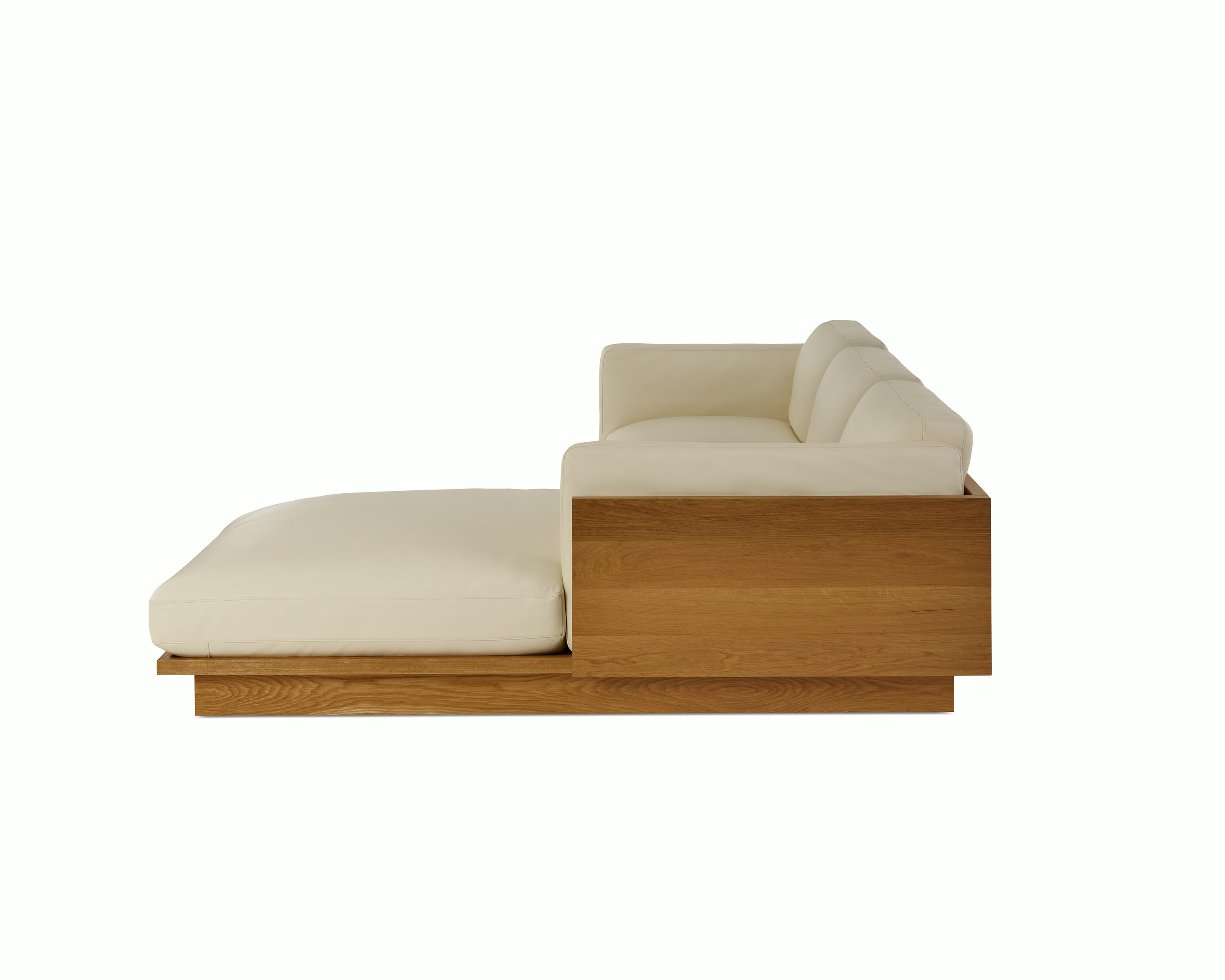 Pawson Drift Sectional in oak and white leather (Prone Leather Lotus)