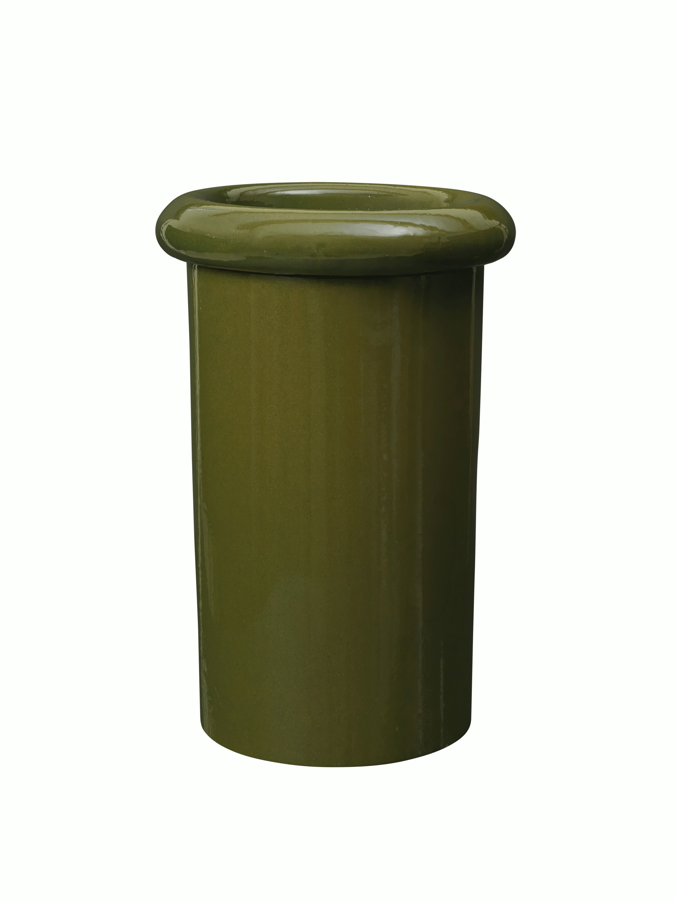 A Rollo Pot in moss green Viewed from the front.