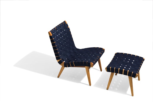 With Risom Ottoman Navy Sunbrella Webbing Teak Frame lounge chair