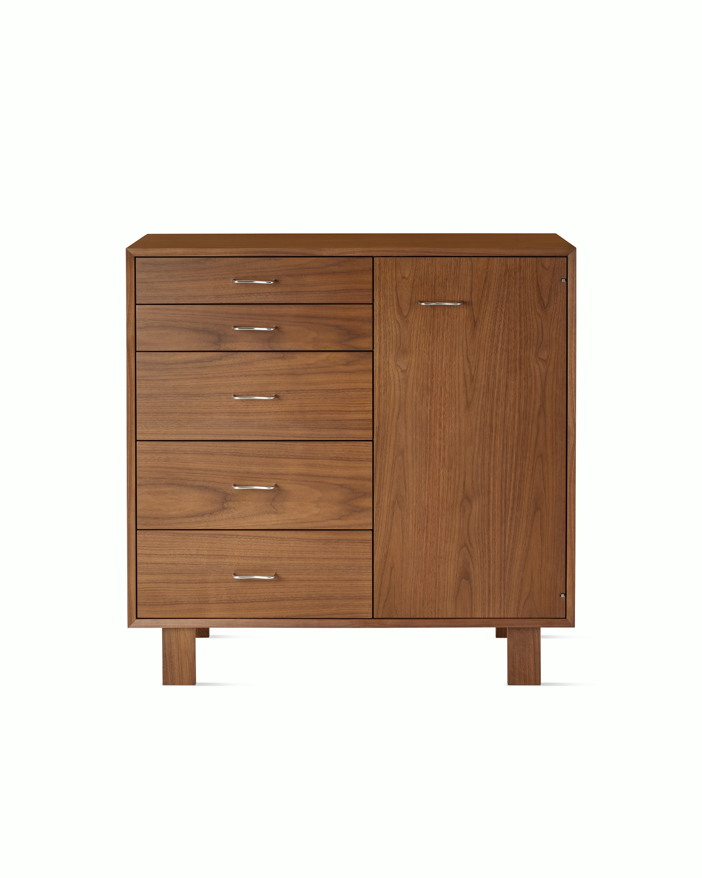 Nelson Basic Cabinet Series 5 drawers, one door, standard square legs, wavy pulls, in walnut.