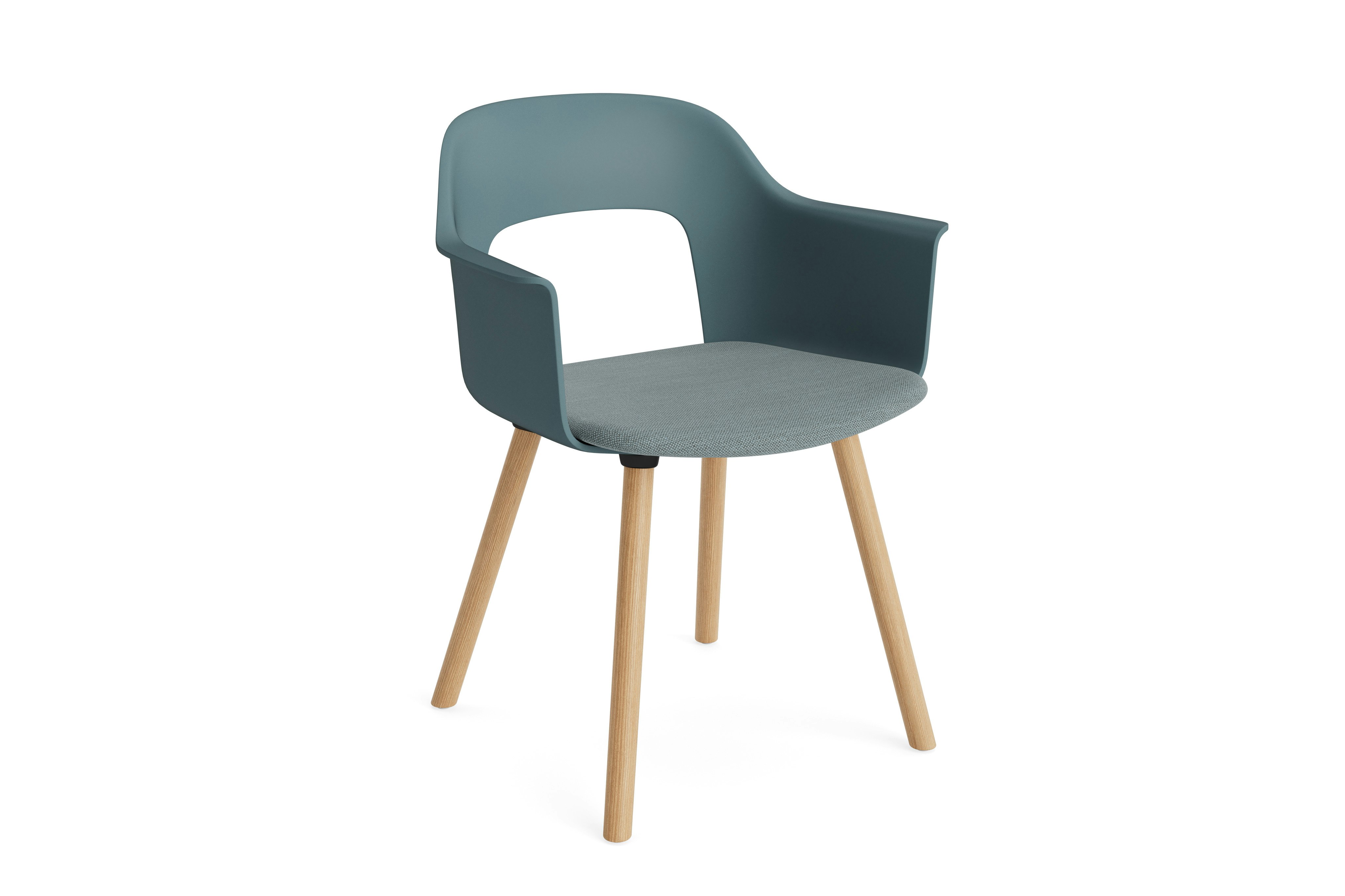 Layout Armchair 223 with ocean shell and upholstered seat on wood base, angled view on white background.