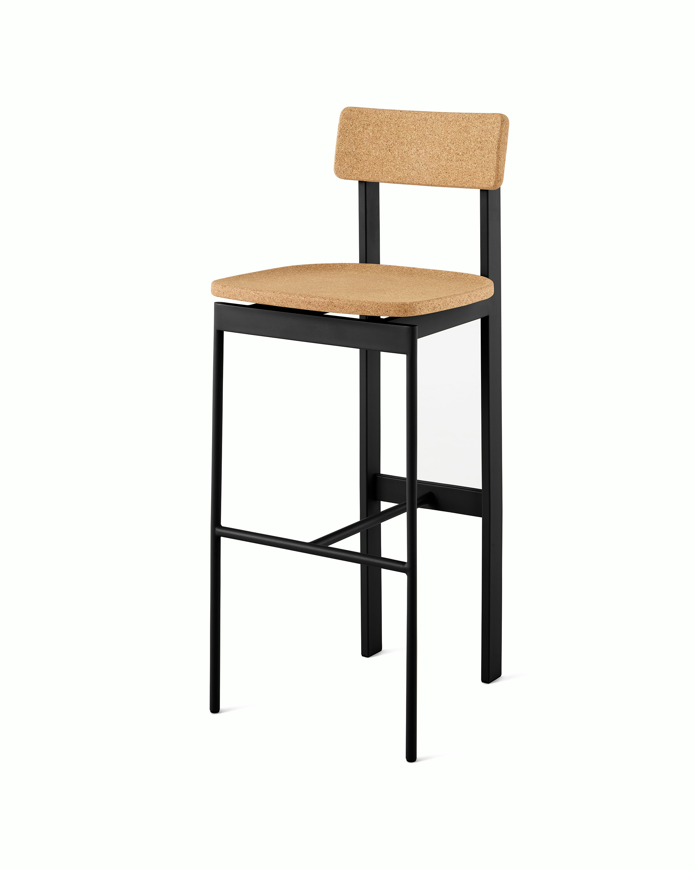A cork Betwixt bar stool with a black frame.