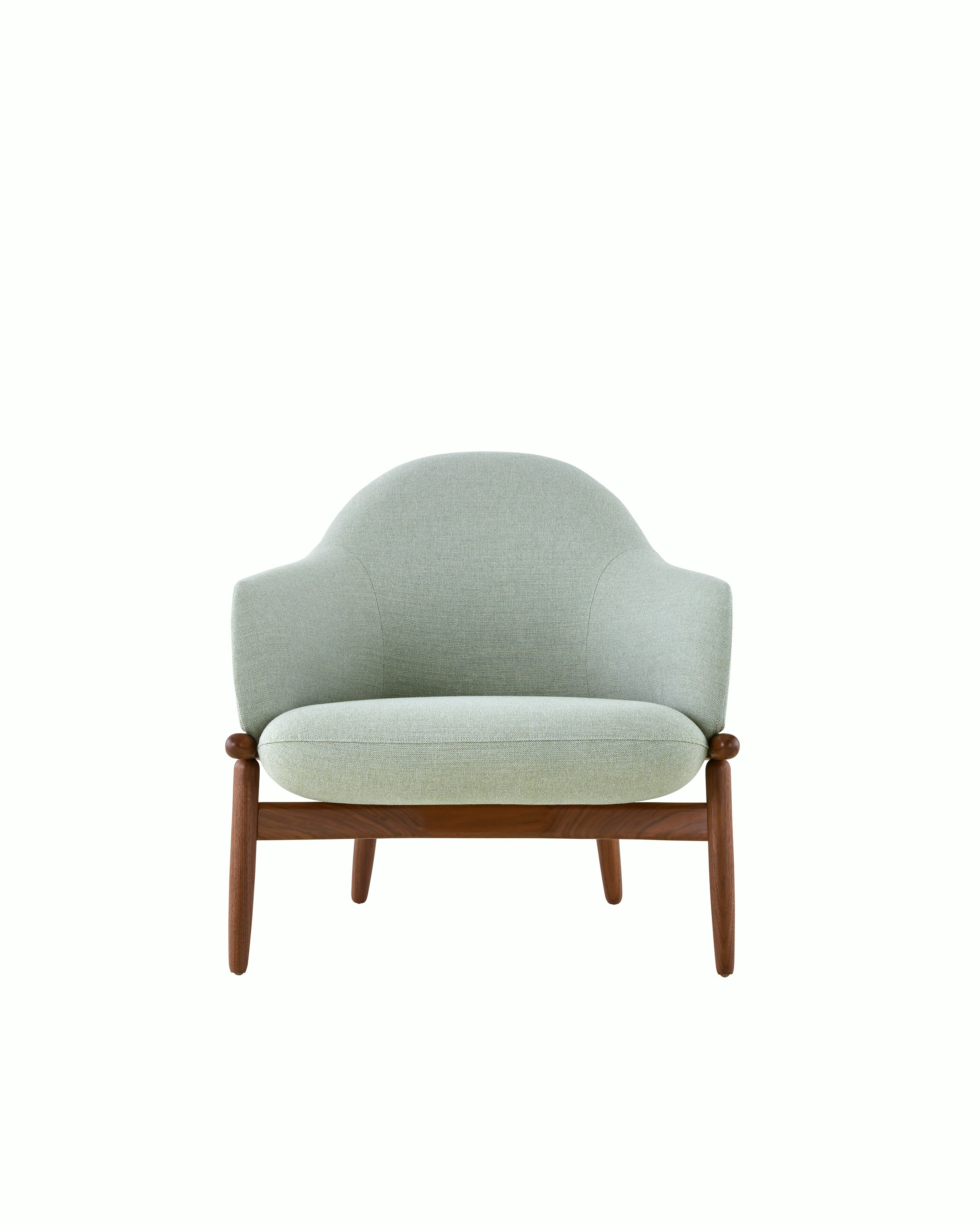 Reframe Mid-Back Lounge Chair with walnut base and beach glass textile, front view.