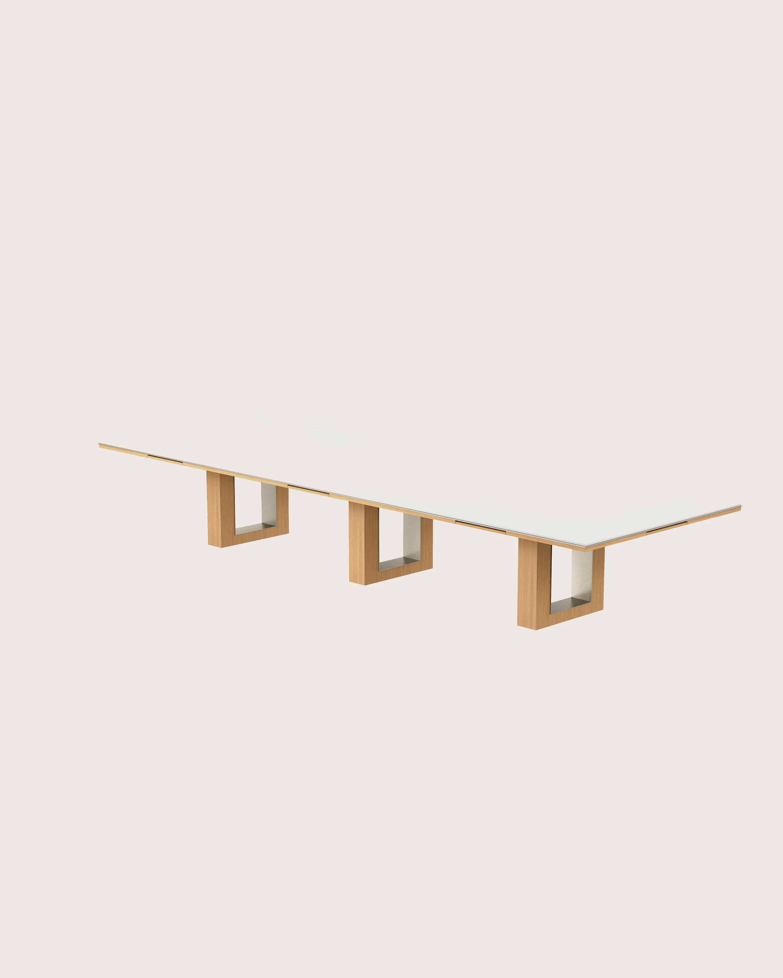 Rectangular Highline Fifty Conference Table in Glacier White Corian and Natural Rift Cut Oak with a Satin Nickel edge and base trim viewed from an angle.